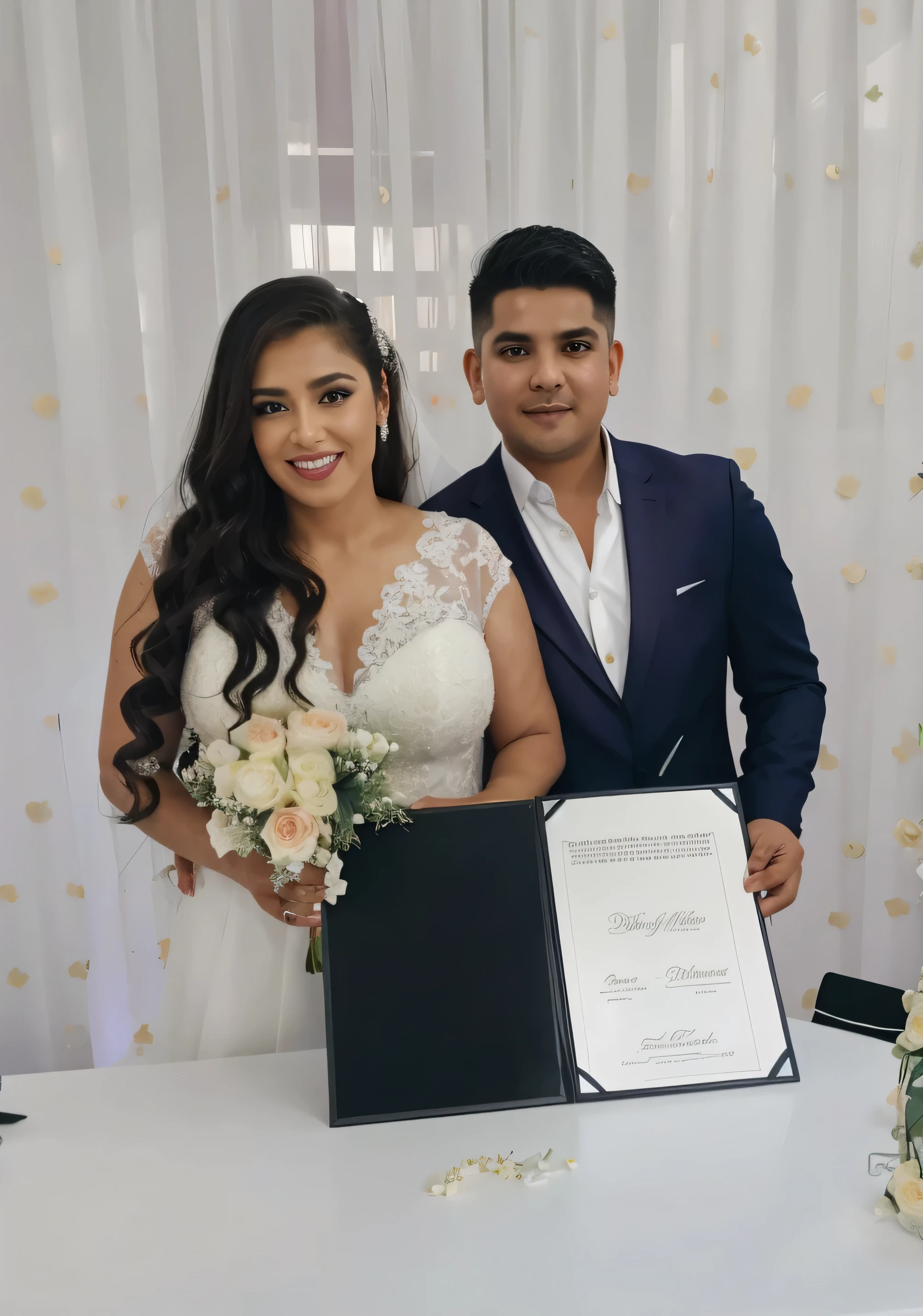 bride and groom standing behind a table with a certificate and flowers, bride and groom, celebrating an illegal marriage, wedding photo, wedding, happy couple, karla ortiz, ceremony, by Glòria Muñoz, by Nándor Katona, lorena avarez, by Ramón Silva, zigor samaniego, couple, by Gina Pellón 4K