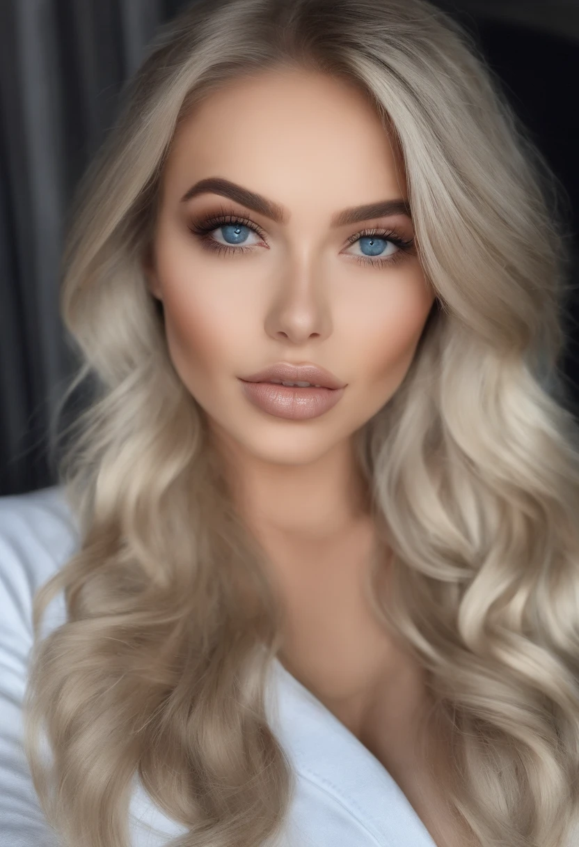 Arafed Frau komplett ,  with blue eyes, Ultra-realistisch, Akribisch detailliert, portrait sophie mudd, blonde hair and large eyes, Selfie einer jungen Frau, Kammeraugen, Violet Myers, Frei von Make-up, Natural makeup, Blick direkt in die Kamera, Gesicht mit Artgram, Dezentes Make-up, Great photo of the whole body kneeling on the bed, im Zimmer, medium to large bust size