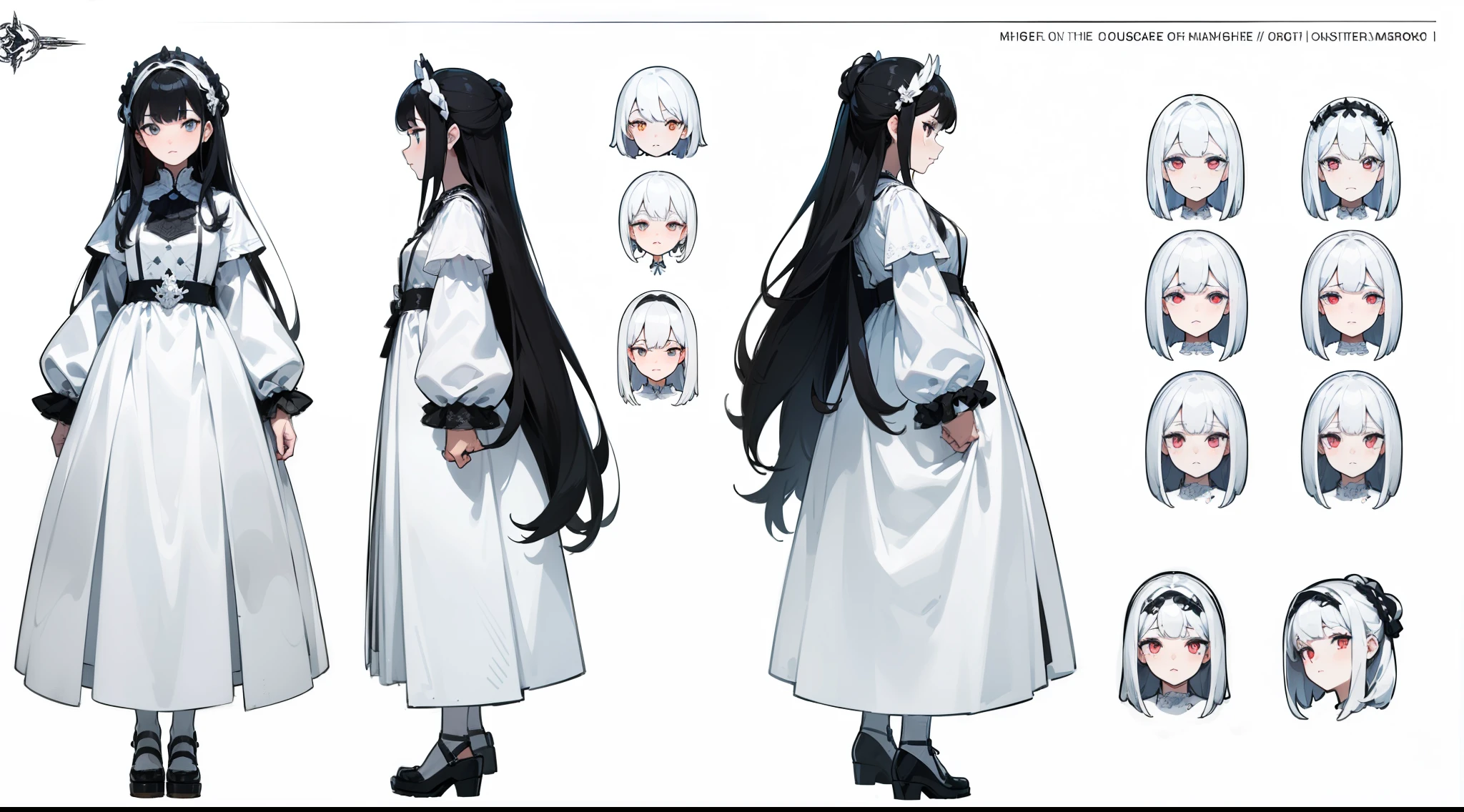 ((Best Quality)), ((Masterpiece)), ((Realistic)) loly, white black hair, white dress, bog white eyes (((detailed character sheet, frontal view, side view, three quarter view))) (((white background))) 6 and a half heads full body