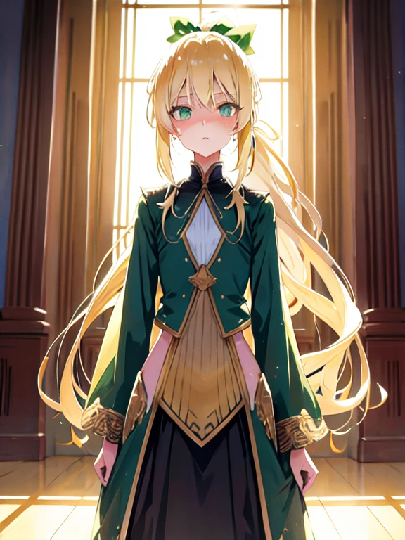 Loli, flat chest, full body, sun rays, dust particles, blonde hair, green eyes, low ponytail, parted bangs, sweating, grand hall, illustration, elegant clothes, (absurd detail:1.2), HDR, huge ass, wide hips, long hair