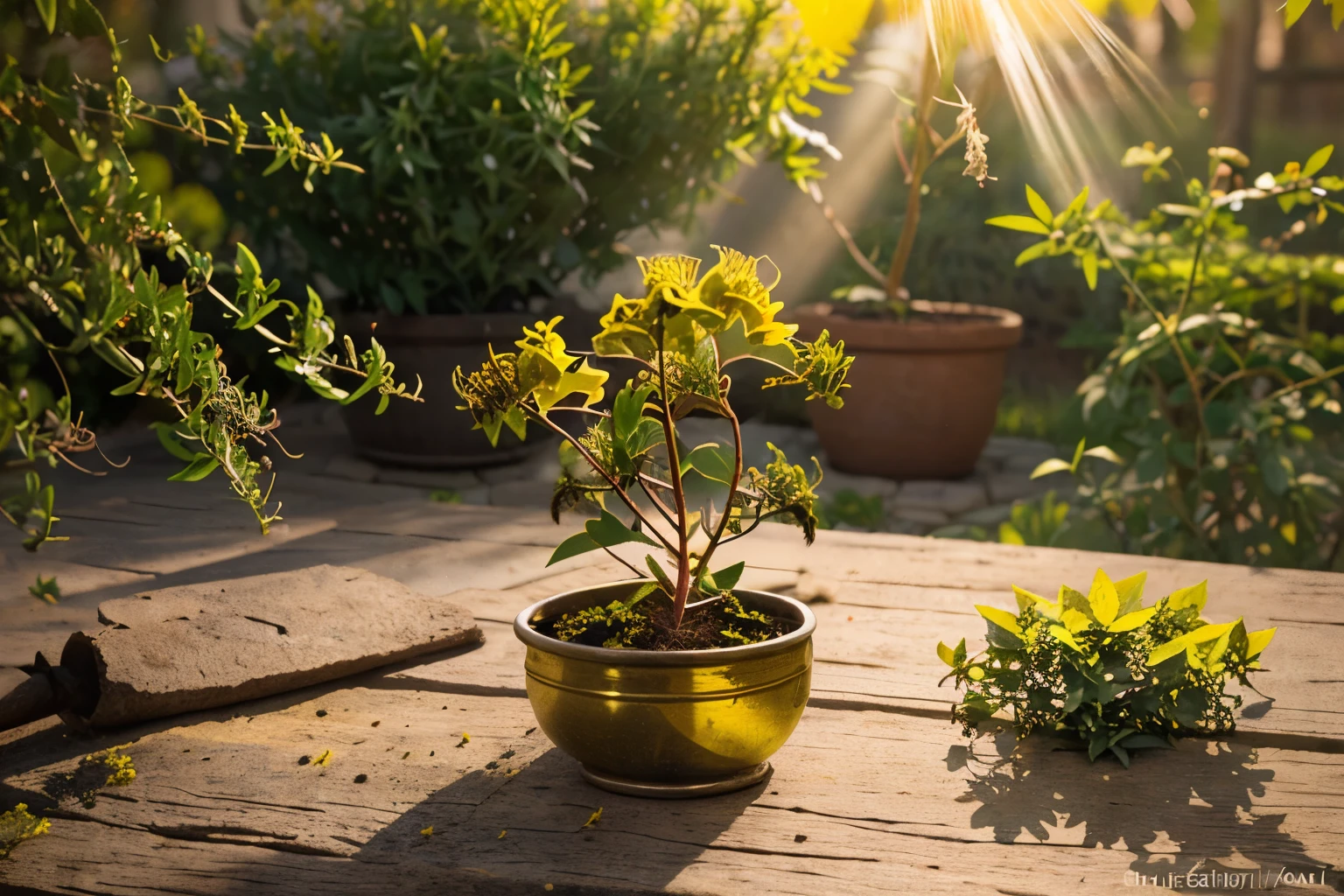 Create an illustration that (((depicts St. John's wort))) as a source of healing and light. Draw a stylized St. John's wort plant with vibrant {yellow flowers}, surrounded by golden sunbeams. Around the plant, draw small cholesterol particles [being lit up and transformed into healthy elements], like healthy hearts or health symbols.