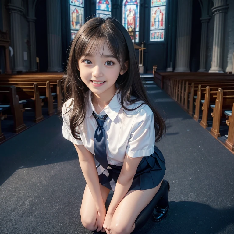 ((whole body esbion))、((side shot))、((small breasts、small and flat chest))、  ((white short sleeve blouse、ultra mini pleated skirt、dark blue)), ((red tie))、 ((black boots))、((Kneeling prayer pose in church、Join hands))、((１direct))、((The background is the interior of a deserted gothic church..))、((high nose))、((delicate body))、((vertical upper body))、((clean、masterpiece、professional artwork、famous works))、((perfect girl body))、((beautiful preteen girl)),((cute face))、 very bright skin ,medium long hair, wavy hair , brown hair,Japanese、 realistic, direct照明, volumetric light, super detailed, highest quality, ultra high resolution, nffsw, 8Kのmasterpiece, highest quality, ((8-year-old、age girl)),((Big eyes))、、RAW photo, absurd, ((with smiling eyes、smile)), ((open your mouth)),
