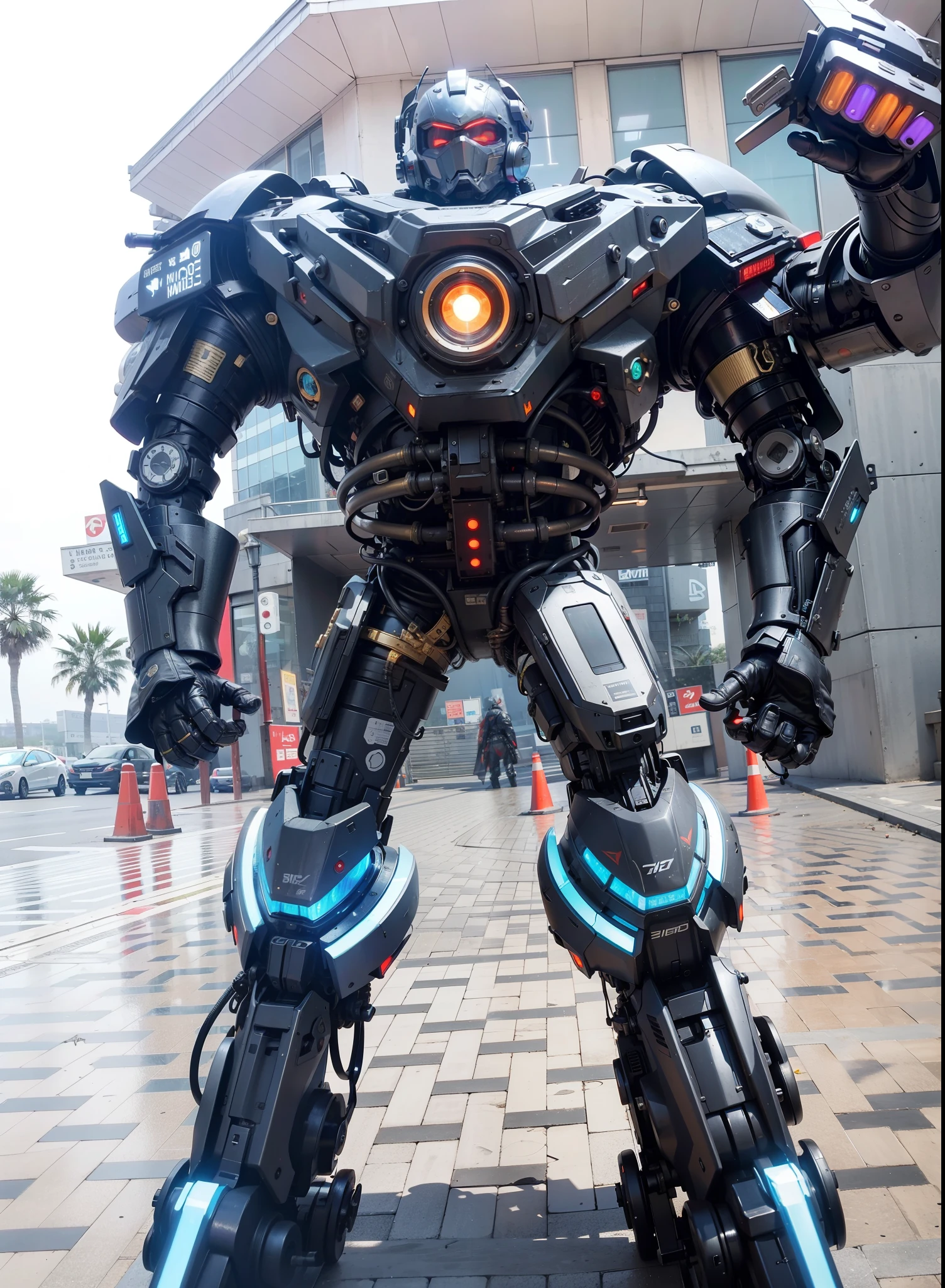 Fantasy cyberpunk world,1 Mechanical Miracle,Robots defend world order;Samurai mechanical armor,Equip transparent weapons,Streamlined black and red design,wearing in black cloak,A big part of a 1-person robot,Art of the highest quality,8K ultra-high resolution,dynamic lighting,cinematic splendor,Vibrant colors,Wearing a high-tech steel suit,Wearing a cyberpunk space helmet,Luminous mechanical protective mask,High-tech tactical clothing of the future,Transformers,energy crystal