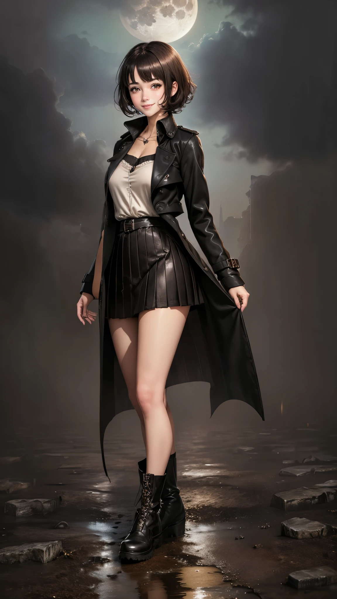 1 girl, short hairs, realistic anime girl,((brunette)),((trenchcoat, black skirt)), smiling, boots, full body, dark background, cracks, moon