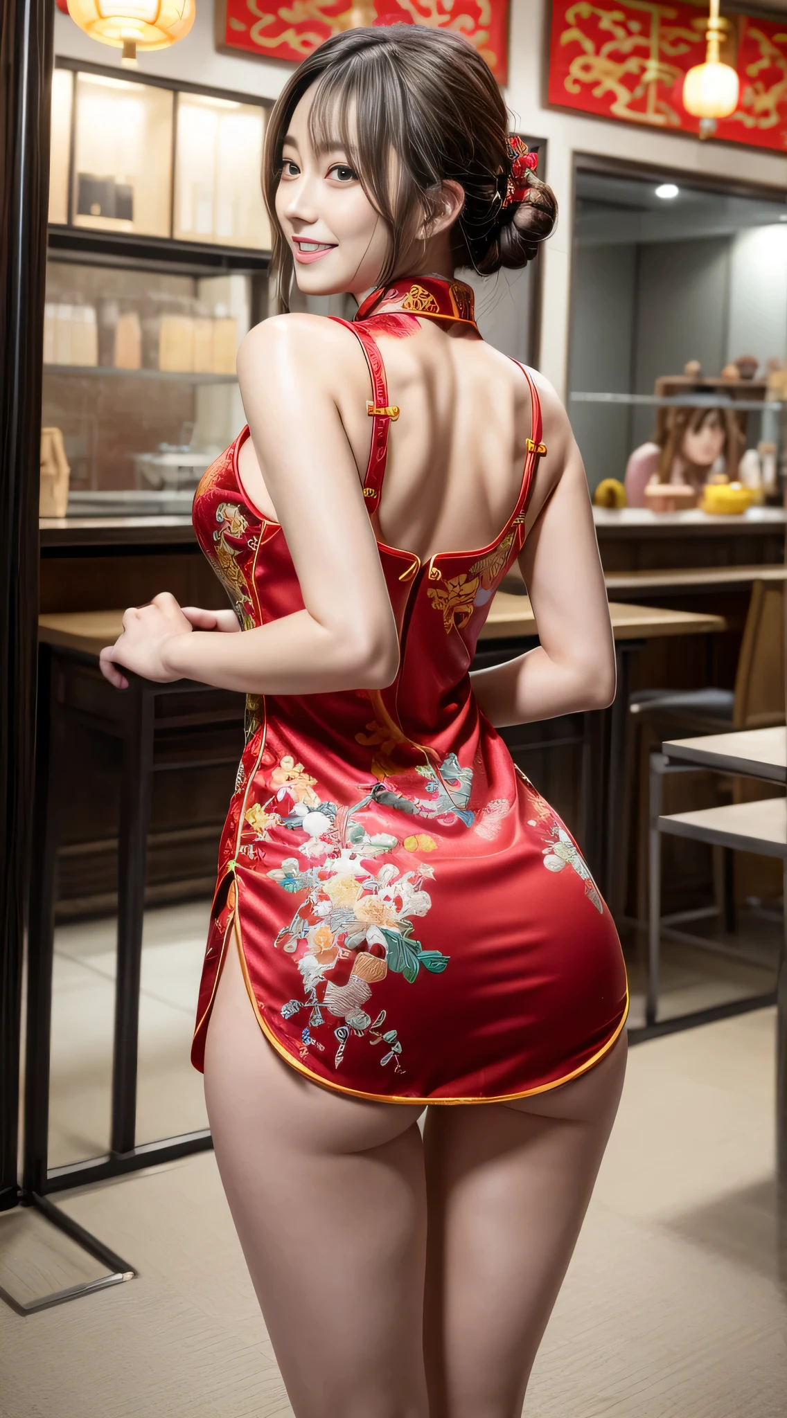 ((masterpiece、highest quality))、detailed face、y Japan Models、(((Beautiful patterned embroidered Chinese dress 1.3)))、(Red cheongsam)))、Wearing a sexiniskirt cheongsam、、wearing thong pantiereasts、d、Symmatic lighting、Women with outstanding style、high heels、sexy woman、Sexy beautifuegs、Beautifbuttフォーカス、sexy and attractive 、Beautifultt、sexy ass、ぷりっとしたsend attractive bAttrave beiful legs、Naughty legs、smile、scostume、turn around、(The miniskirt is so short tha little of my butt is visible.、stick your ass out)