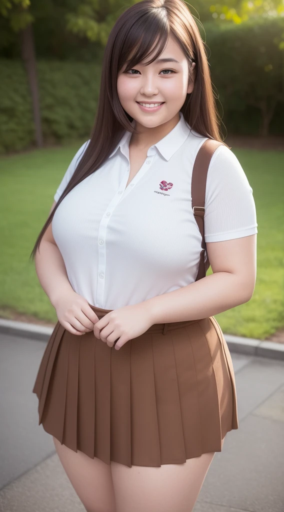 (8K), (highest resolution: 1.2), (realistic), (realistic: 1.37), ultra high resolution, 1 super fat girl, cute, smile, closed mouth, beautiful details, beautiful nose, whole body, school uniform,Thick thighs, 16 years old, Japan school uniform, short skirt、I can see the cleavage, short hairstyle, Short shortcuts, brown and golden mesh hair color,