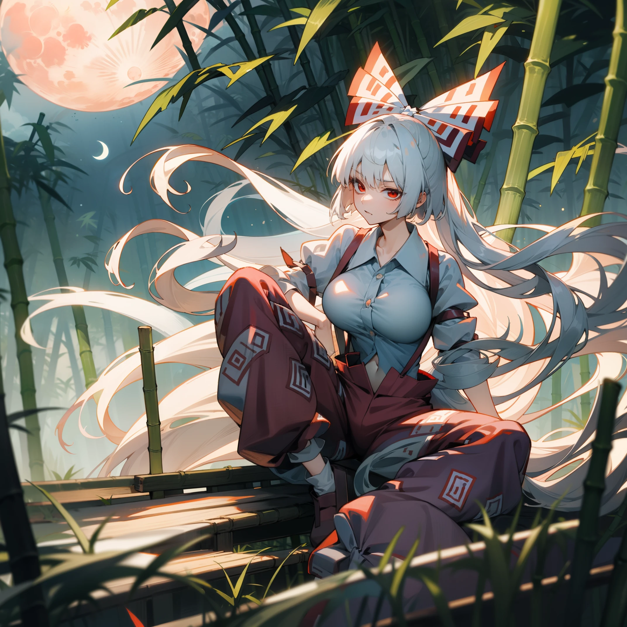 Fujiwara no Mokou(from Touhou) in bamboo forest. She has big tits. She has white hair, red eyes.  She's wearing a white shirt, sit, night, moon, hair ribbons, stay