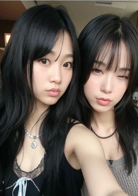 Two Asian women with long black hair posing for a photo., ulzzang, she has black hair con flequillo, con negro, Lalisa Manobal, flequillo negro, yoshitomo nara y aya takano, con flequillo, pelo cortado hime negro, rasgos de la cara coreana, long black hair con flequillo, con flequillo completo, cabello con flequillo negro, hermosos gemelos geminis