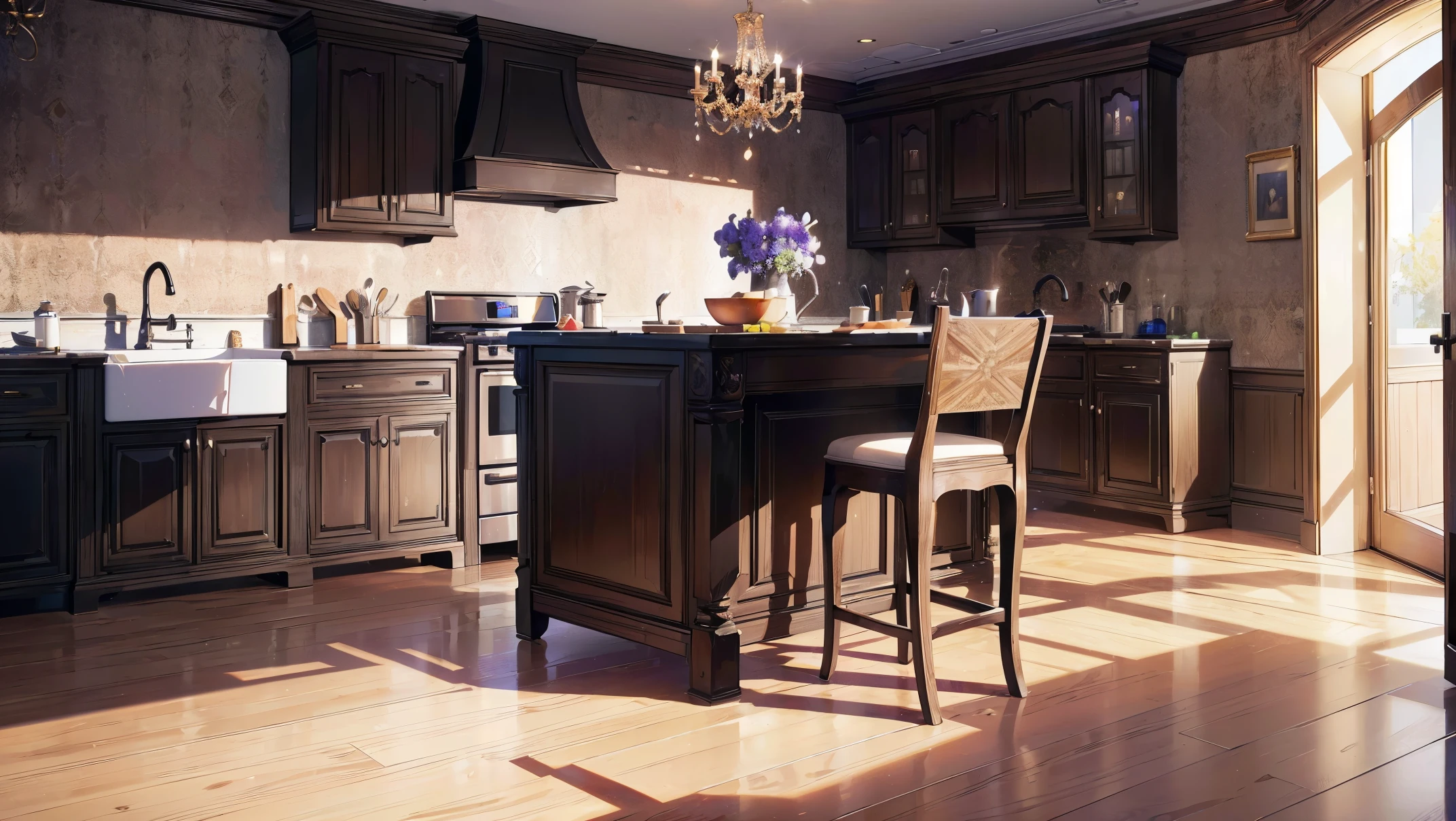 (absurd), (8k resolution), (high resolution), (ultra detailed), (vivid colors), (wallpaper), (perfect lighting), (beautiful skin), (perfect shadows), (beautiful eyes), (detailed eyes), (detailed face), (beautiful face), (masterpiece), (best quality), (detailed clothes), (full body), create a kitchen room inside a house that is empty, it should not see no character in the kitchen