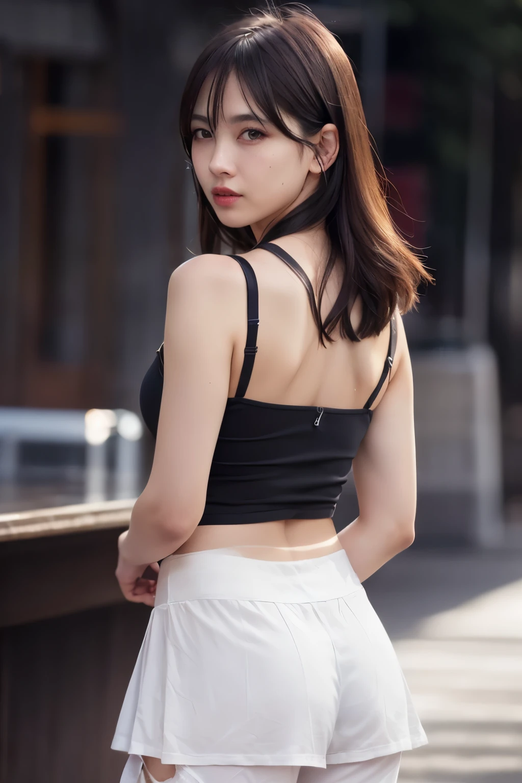 (masterpiece, realistic, high resolution), ((1 girl): 1.2), Korean, ((white wavy hair): 1.3), (heterochromic eyes: 1.1, thick eyebrows,), (white hoodie), ((medium breasts): 1.2, small waist, thigh), catwalk, masterpiece: 1.2, best quality), realism, (real pictures, rich detail details, depth of field), (1 girl, solo), makeup, high detail, perfect face shape, (: 1.4), (skin dents), thick thighs, wide hips, thin waist, high, coral, red lips, red eyes, ponytail (girls, shallow tulle, tulle transparent), (sweat: 1.2), (wet), sexy, blush, (shy expression), tank tops, suspenders, belly pockets, shorts, yoga pants, tight short skirts, tight shorts, stockings, fishnet socks, pajamas, pleated skirts, skirts, hip skirts, flowers on clothes,