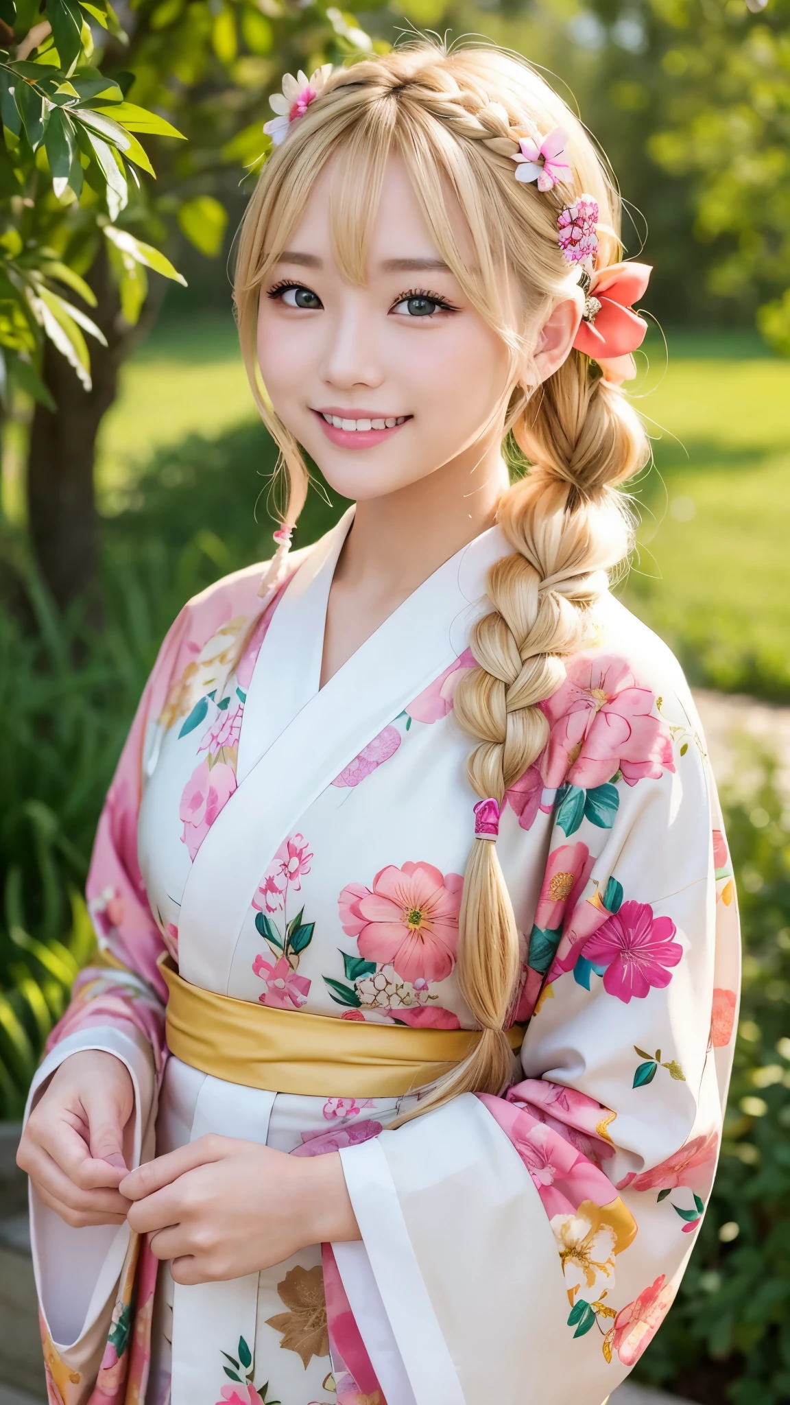 blonde kimono beauty、fancy floral kimono、My cute girlfriend is a kimono model.、brown eyes、Beautiful smile、he is short、Braid、hair ornaments、Colorful and flashy kimono、