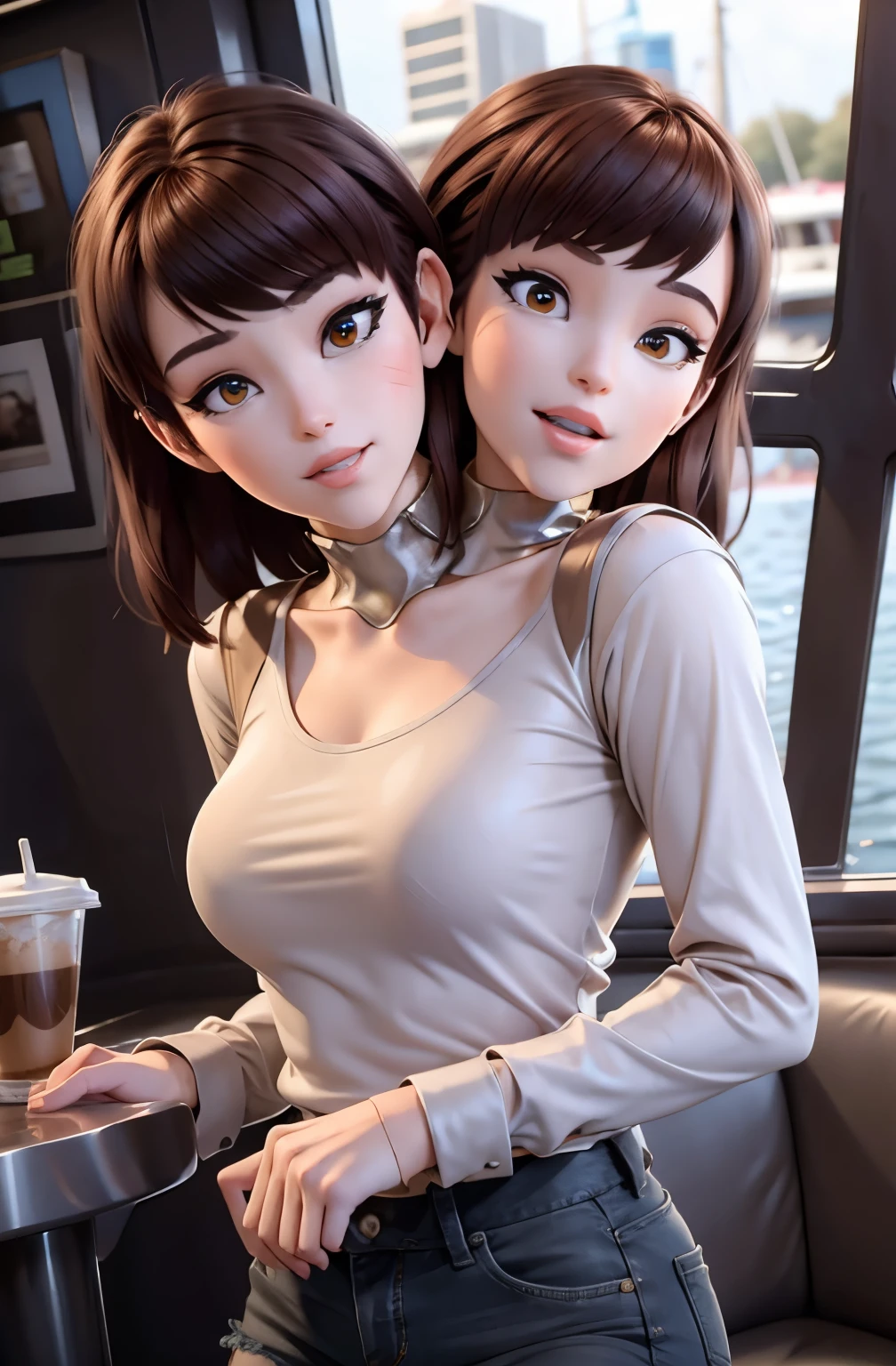  8k,highres, 1girl, (two_heads:0.9), indoors, at a coffee shop, looking at the viewer, white long sleeved shirt, boat neck, jeans, short hair