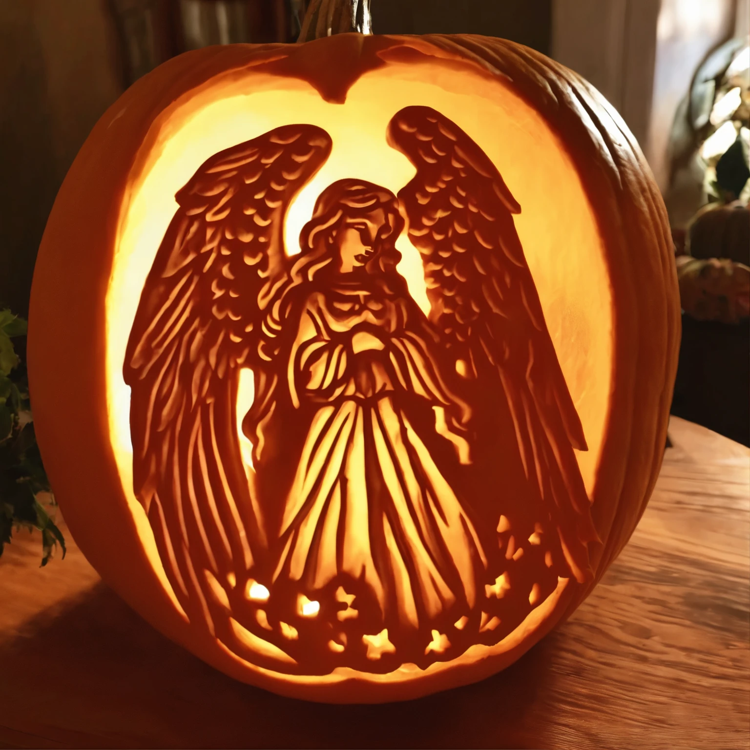 Pumpkin carving with angel motif, candlelight leaks from inside