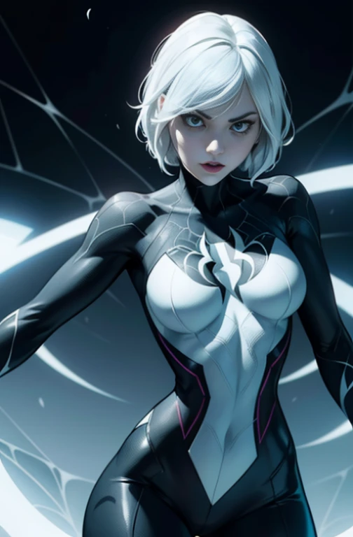 Spider Gwen Gwen in a black outfit with a spider in the center of his chest in white, Organic-looking outfit, sticky forehead, symbiote, white eyes, visual art, PS5 cinematic screenshot, Highly detailed, detailed cinematic rendering, ultra photorealistic raytricing, with cinematic lighting