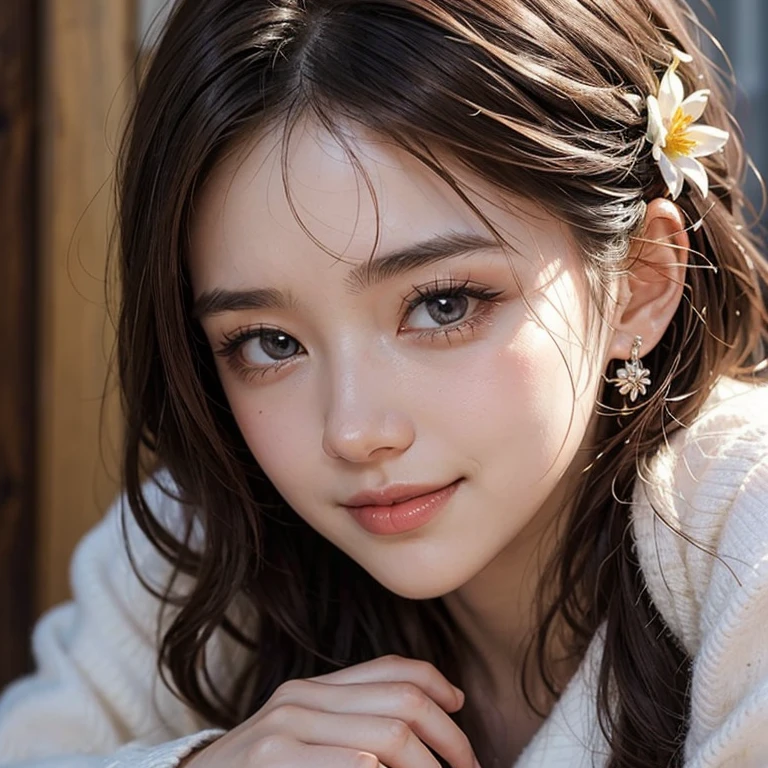 Divine girl，Her Majesty the Queen Her Majesty the Queen，light pink hair，Mandala，Bright eyes，Hair combed back, Tears of joy, Cut Hime, seductive smile, wide-eyed, shining eyes, Eyes upturned, Long eyelashes，hair flower, hair accessories，stare，Translucent white coat，Open fabric，fromabove
