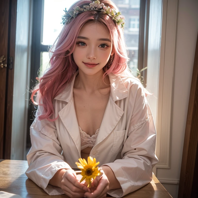 Divine girl，Her Majesty the Queen Her Majesty the Queen，light pink hair，Mandala，Bright eyes，Hair combed back, Tears of joy, Cut Hime, seductive smile, wide-eyed, shining eyes, Eyes upturned, Long eyelashes，hair flower, hair accessories，stare，Translucent white coat，Open fabric，fromabove