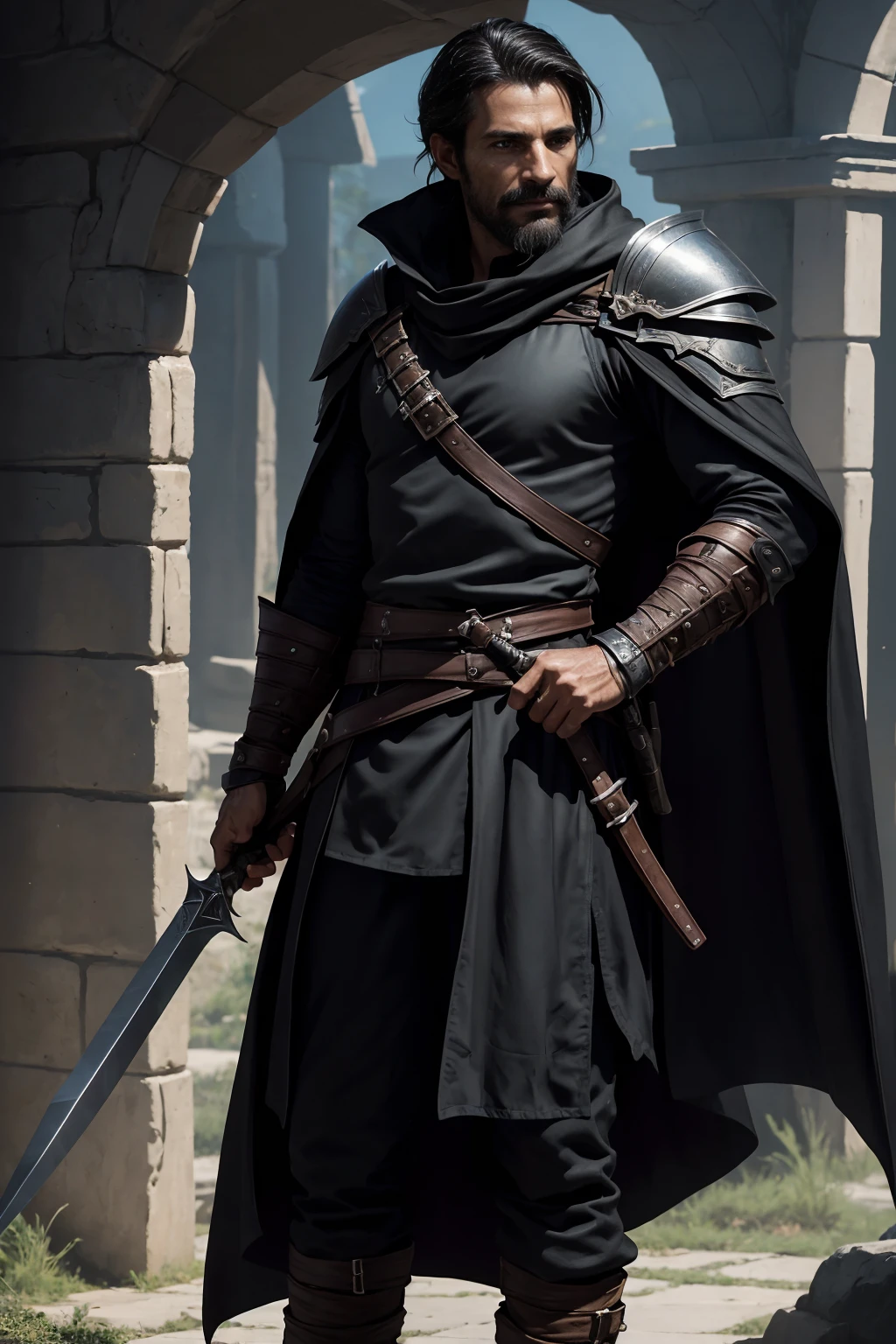 one male rogue, over 40 years old, light rogue black fantasy armor, assassin, 8k, good looking. swashbuckler. full body profile, facing front, high fantasy setting. black cloak, scoundrel face. trimmed mustache and short cropped beard.