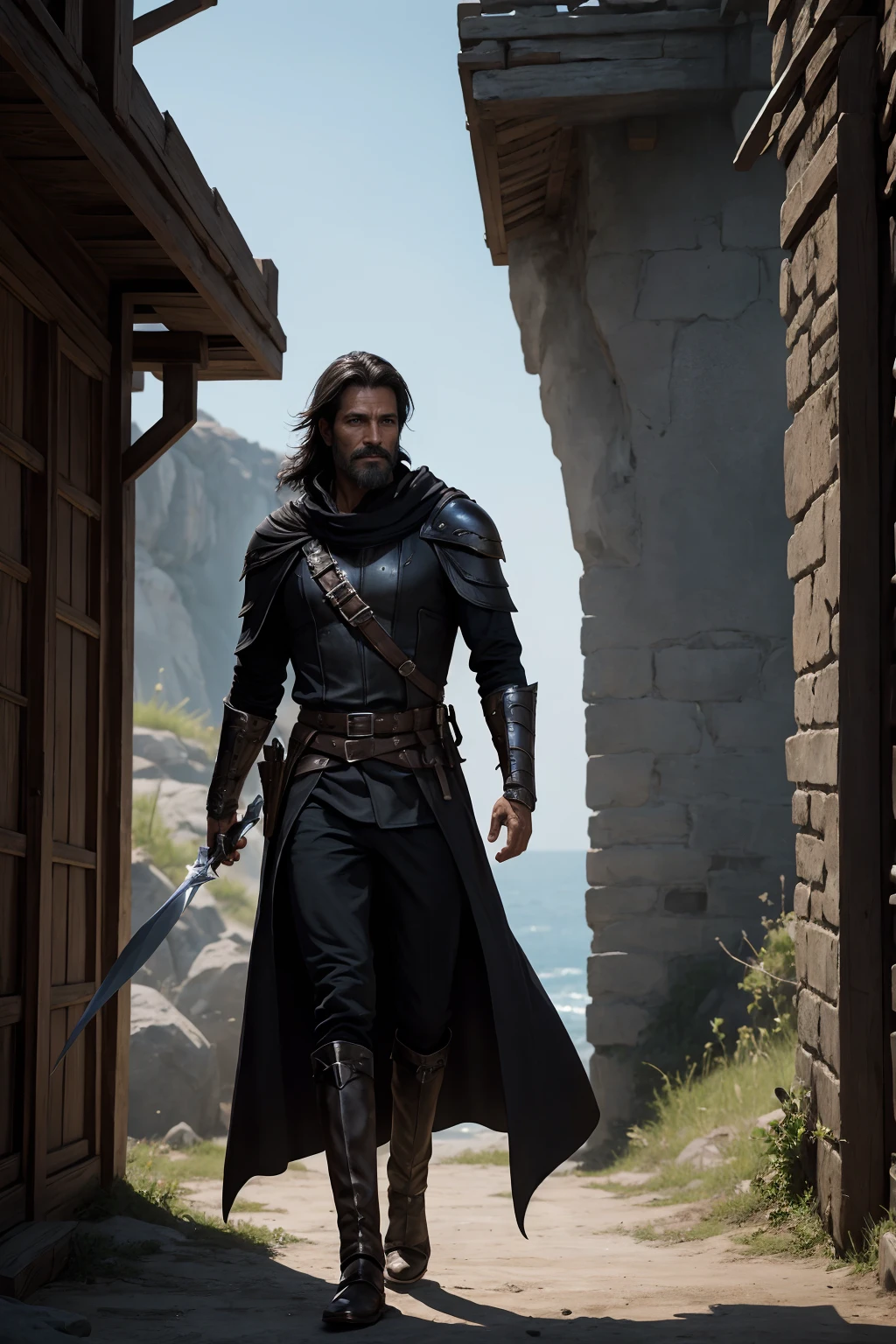 one male rogue, over 40 years old, light rogue black fantasy armor, assassin, 8k, good looking. swashbuckler. full body profile, facing front, high fantasy setting. black cloak, scoundrel face. trimmed mustache and short cropped beard.