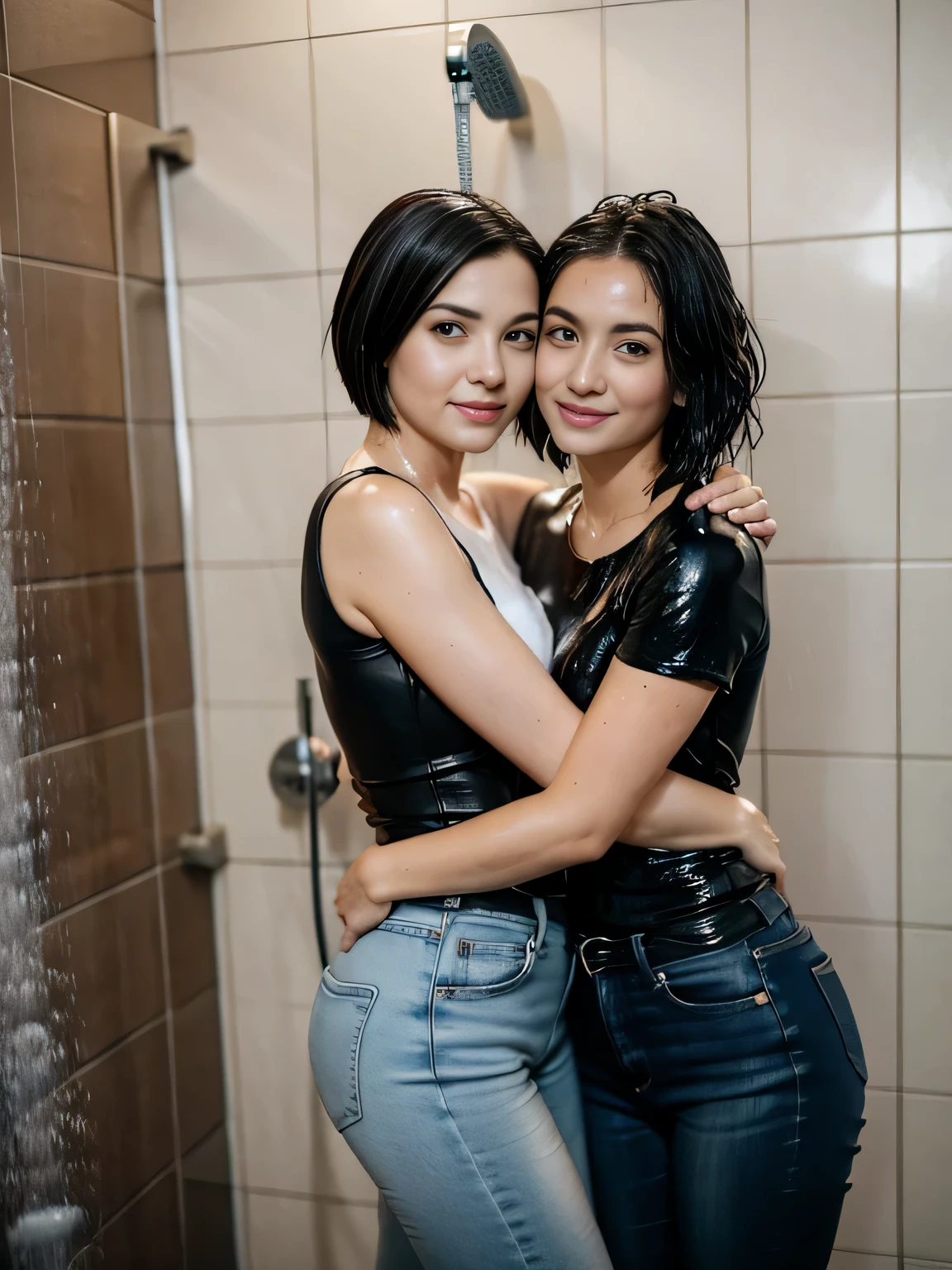 (((young man and woman taking a shower))), skinny jeans, (Water-soaked clothing:1.17), (Best Quality,high resolution,bokeh:1.2),Pronounced wrinkles,Bob haircut,Detailed eyes and face, tshirt, (standing:1.0),(gloomy ecstasy:1.1), Posing, standing in a shower SoakingWetClothes, black Dark Marten boots, show boots, jeans are wrinkled from wetness, ((hugging))