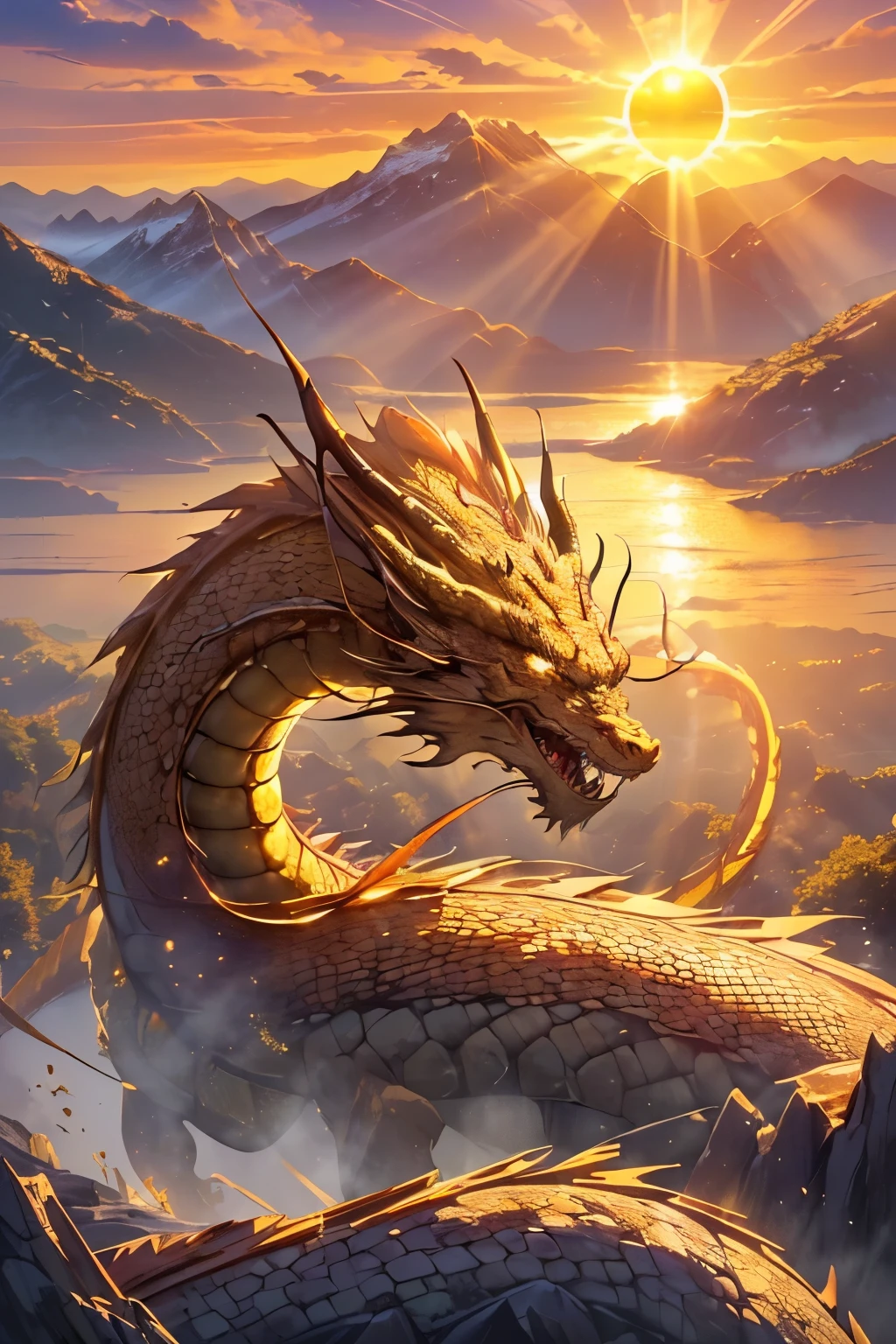 ((worst quality, low quality)),(Golden Dragon, Golden Dragonの頭:1.3), (sunrise light, rays of the morning sun:1.4), (Beautiful magnificent mountains and dragon background:1.4), muste piece, best quality, Super detailed,