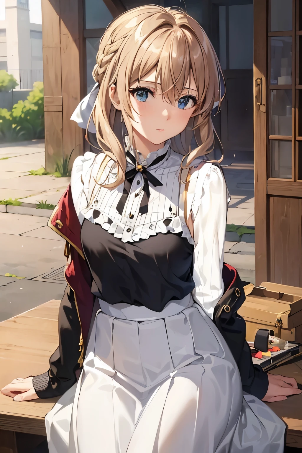masterpiece, highest quality, ultra high resolution, highest quality, anime style, best writing, beautiful face, violet evergarden,table top, highest quality, 1 girl, alone, blonde hair, blue eyes, hair between eyes, looking at the viewer, ribbon, 赤いribbon, Braid, ヘアribbon, (black t-shirt:1.3), (white long skirt:1.3), (jacket shoulder:1.3), jewelry, bangs, outdoor, brooch, hair intake, Anime coloring book, closed mouth, portrait, Day Grastry Detailed CG, ( perfect anatomy), Life、Detailed CG, ( perfect anatomy), Life感, urban background