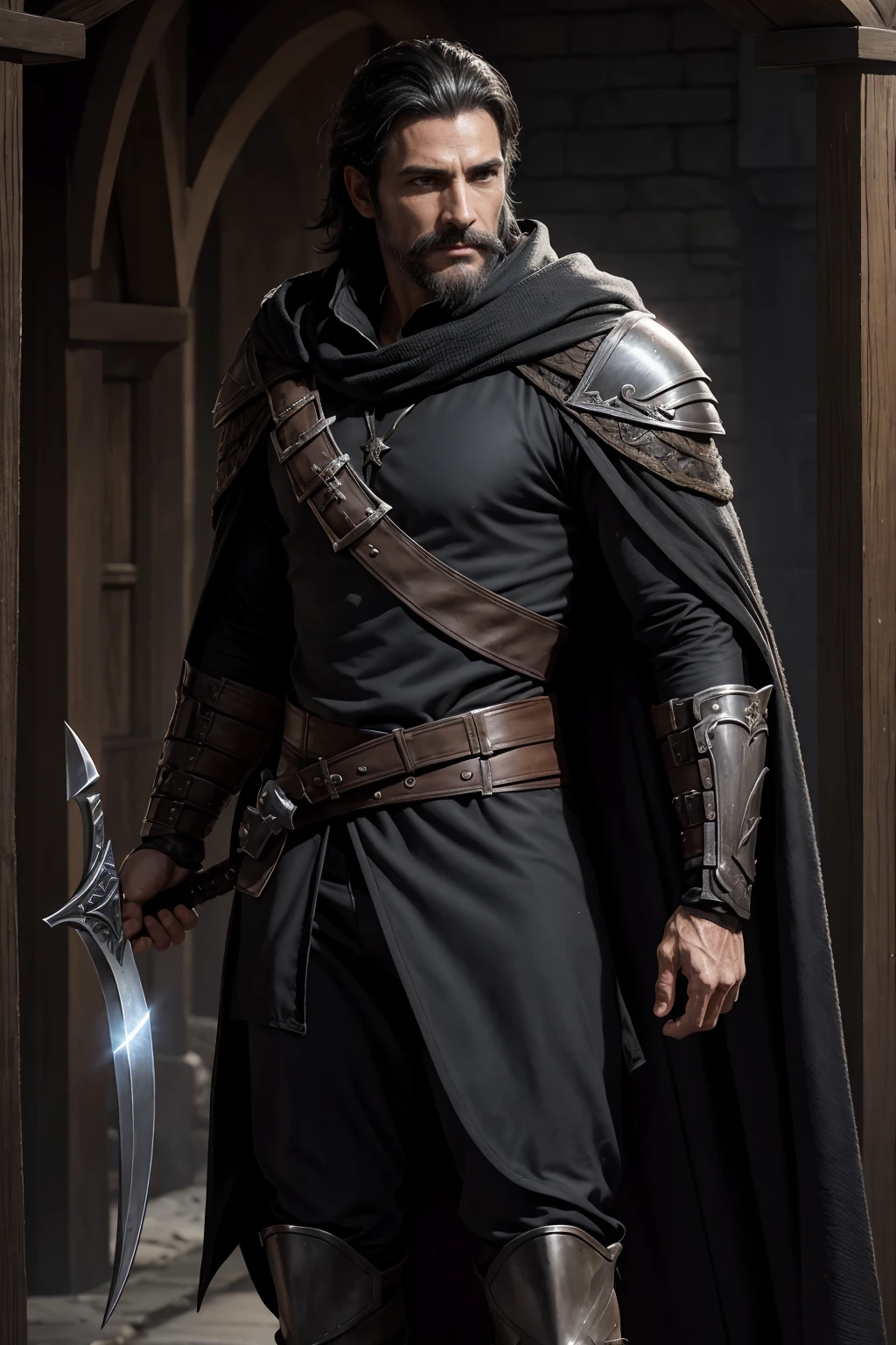 one male rogue, over 40 years old, light rogue black fantasy armor, assassin, 8k, good looking. swashbuckler. full body profile, facing front, high fantasy setting. black cloak, scoundrel face. trimmed mustache and short cropped beard, big bulge,