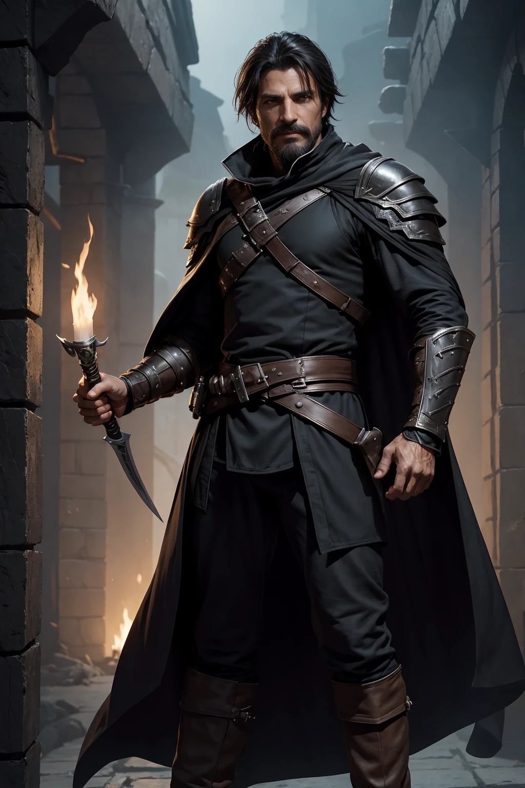 one male rogue, over 40 years old, light rogue black fantasy armor, assassin, 8k, good looking. swashbuckler. full body profile, facing front, high fantasy setting. black cloak, scoundrel face. trimmed mustache and short cropped beard, big bulge,