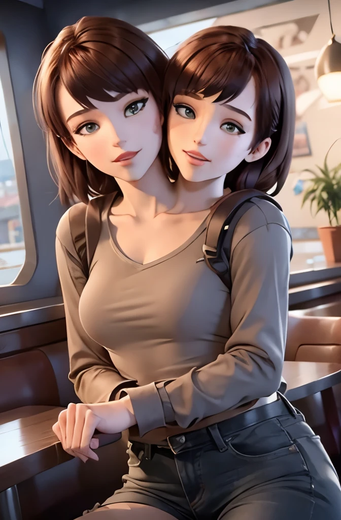  8k,highres, 1girl, (two_heads:0.9), indoors, at a coffee shop, looking at the viewer, white long sleeved shirt, boat neck, jeans, short hair