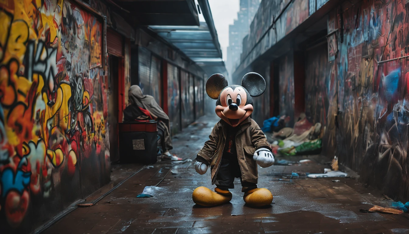 (homeless,cyberpunk)Mikey Mouse, (depraved, trashy, 95 years old) and still rocking, (tongue out), (gritty background), (neon lights), (dilated pupils), (dust and smoke in the air), (dark alleyway), (graffiti-covered walls), (worn-out clothes), (tattered sneakers), (piercings), (facial tattoos), (flickering holograms), (hovering drones), (rain-soaked streets), (steam rising from sewers), (street vendors selling futuristic gadgets), (glowing cybernetic implants), (VR headset), (cyberpunk cityscape), (post-apocalyptic vibes), (electric guitar), (energy drink can), (tangled wires), (broken electronics scattered around), (subway train passing by), (Mickey Mouse ears hat), (scruffy beard), (menacing smile), (urban decay), (desolation), (Anarchy symbol), (cybernetic arm), (hope amidst despair), (urban survival).