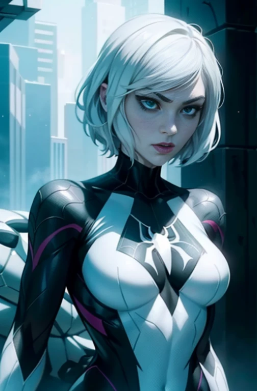 Spider Gwen Gwen in a black outfit with a spider in the center of his chest in white, Organic-looking outfit, sticky forehead, symbiote, white eyes, visual art, PS5 cinematic screenshot, Highly detailed, detailed cinematic rendering, ultra photorealistic raytricing, with cinematic lighting