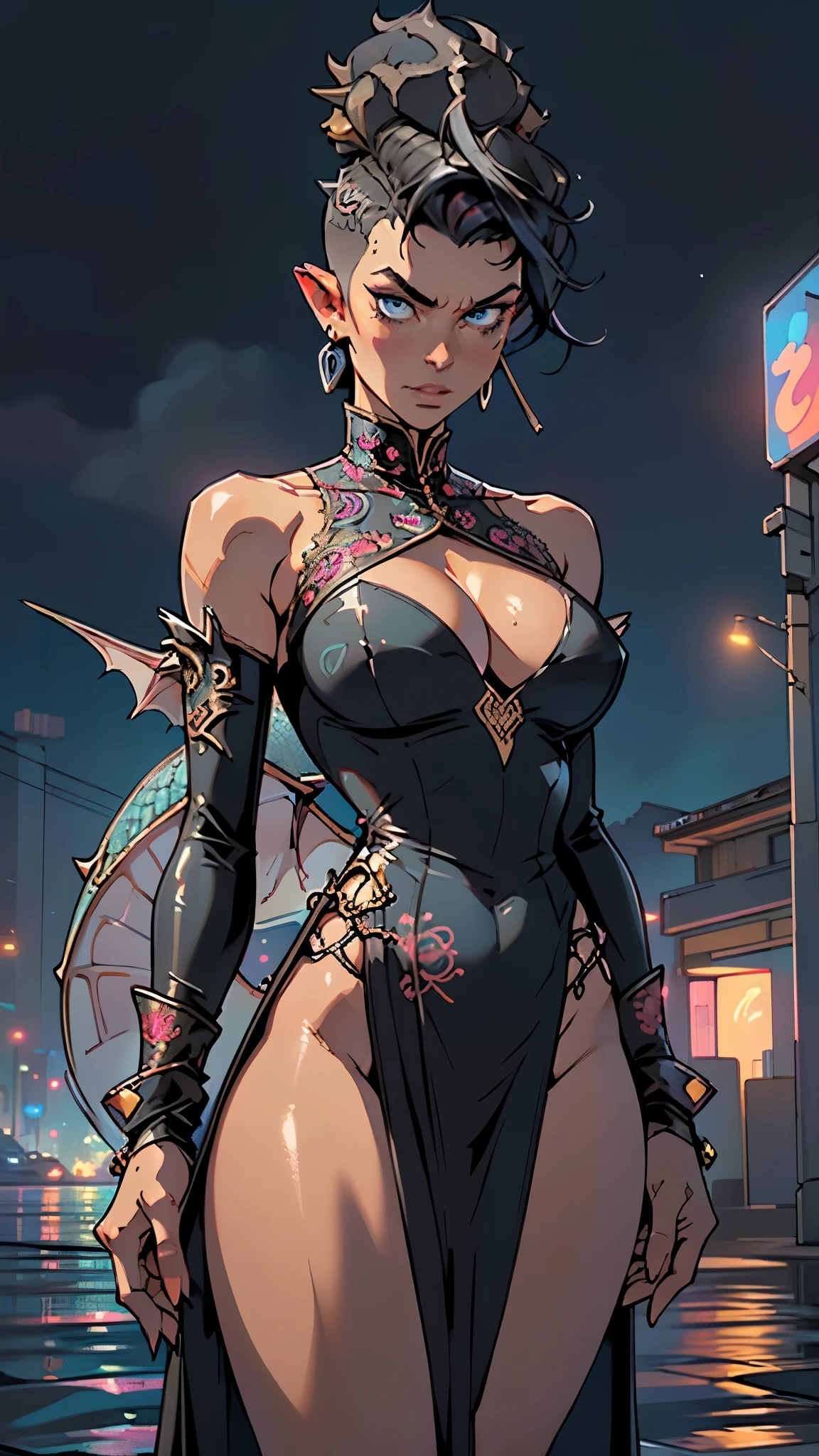 woman in evening dress,((((woman accompanied by a tiny pet dragon:1.5)))),(((1woman))),((beautiful woman)),woman,1female,((milf,mom,mature,mature woman,45 years old female,adult)),
(large breasts:1.4),saggy breasts,(((black hair:1.4,hi-top fade Haircut:1.5,hi-top fade:1.5,Mohawk:1.5))),(((blue_eyes:1.3))),intricate eyes,beautiful detailed eyes,symmetrical eyes,((fat)),(((lustrous skin:1.5,bright skin: 1.5,skin tanned,shiny skin,very shiny skin,shiny body,plastic glitter skin,exaggerated shiny skin,illuminated skin,wet legs))),(spider lower abdomen,narrow waist,wide hip,imbo body,inflated legs, thick thighs,detailed body,(detailed face)),
cute,slutty,seductive,erotic,(((nsfw))),evil woman, villain, ambitious look,
((strapless draped long dress)),metallic blue dress,(((deep neckline,cleavage))),((wet clothes,intricate outfit,intricate clothes,ornate outfit,ornate clothes,embroidered outfit,embroidered clothes)),
(dynamic pose:1.0),solo focus,((smug)),(centered,scale to fit dimensions,Rule of thirds),
cyberpunk city by the ocean at night, with bright neon signs and dark stormy clouds and puddles, scenery:1.25,nighttime, starry night, cosmos,Very dark night that makes the neon lights stand out, very bright neon lights,nighttime, starry night, cosmos,
highres, sharp focus, (ultra detailed, extremely detailed), (photorealistic artwork:1.37),(extremely detailed CG unity 8k wallpaper),((synthwave background theme)),(((vibrant colors))),(intricate background),(masterpiece),(best quality),