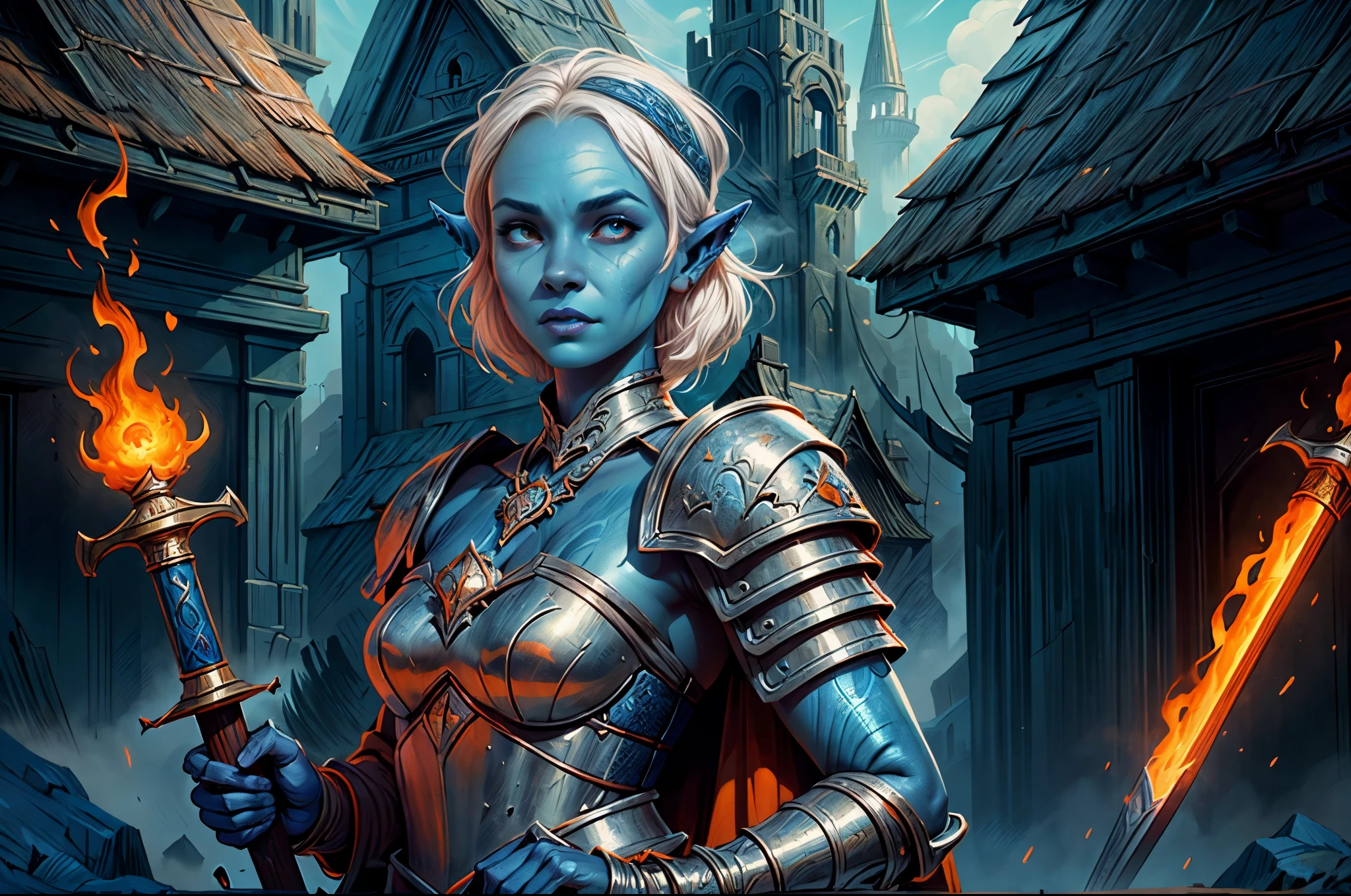 fantasy art, dnd art, RPG art, wide shot, (masterpiece: 1.4) portrait, intense details, highly detailed, photorealistic, best quality, highres, portrait a vedalken female (fantasy art, Masterpiece, best quality: 1.3) ((blue skin: 1.5)), intense details facial details, exquisite beauty, (fantasy art, Masterpiece, best quality) cleric, (blue colored skin: 1.5) 1person blue_skin, blue skinned female, (white hair: 1.3), (no ears: 1.6), long hair, intense green eye, ((no ears: 1.6)), fantasy art, Masterpiece, best quality) armed a fiery sword red fire, wearing heavy (white: 1.3) half plate mail armor, wearing high heeled laced boots, wearing an(orange :1.3) cloak, wearing glowing holy symbol GlowingRunes_pink, within fantasy temple background, reflection light, high details, best quality, 16k, [ultra detailed], masterpiece, best quality, (extremely detailed), close up, ultra wide shot, photorealistic, RAW, fantasy art, dnd art, fantasy art, realistic art,((best quality)), ((masterpiece)), (detailed), perfect face
