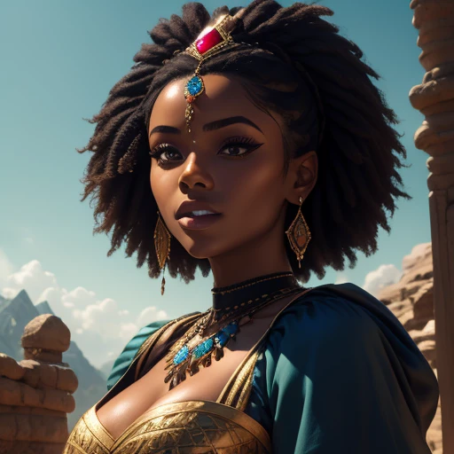 femme, belle peau noire, africain, visage symétrique, cheveux noirs bouclés cheveux bouclés, yeux bleus, plein dos, Haut du corps, portrait, Vêtements CEDA, bijoux brillants, lumière dynamique, Paysage romantique HD, 8K, TN-RpgGameGirl