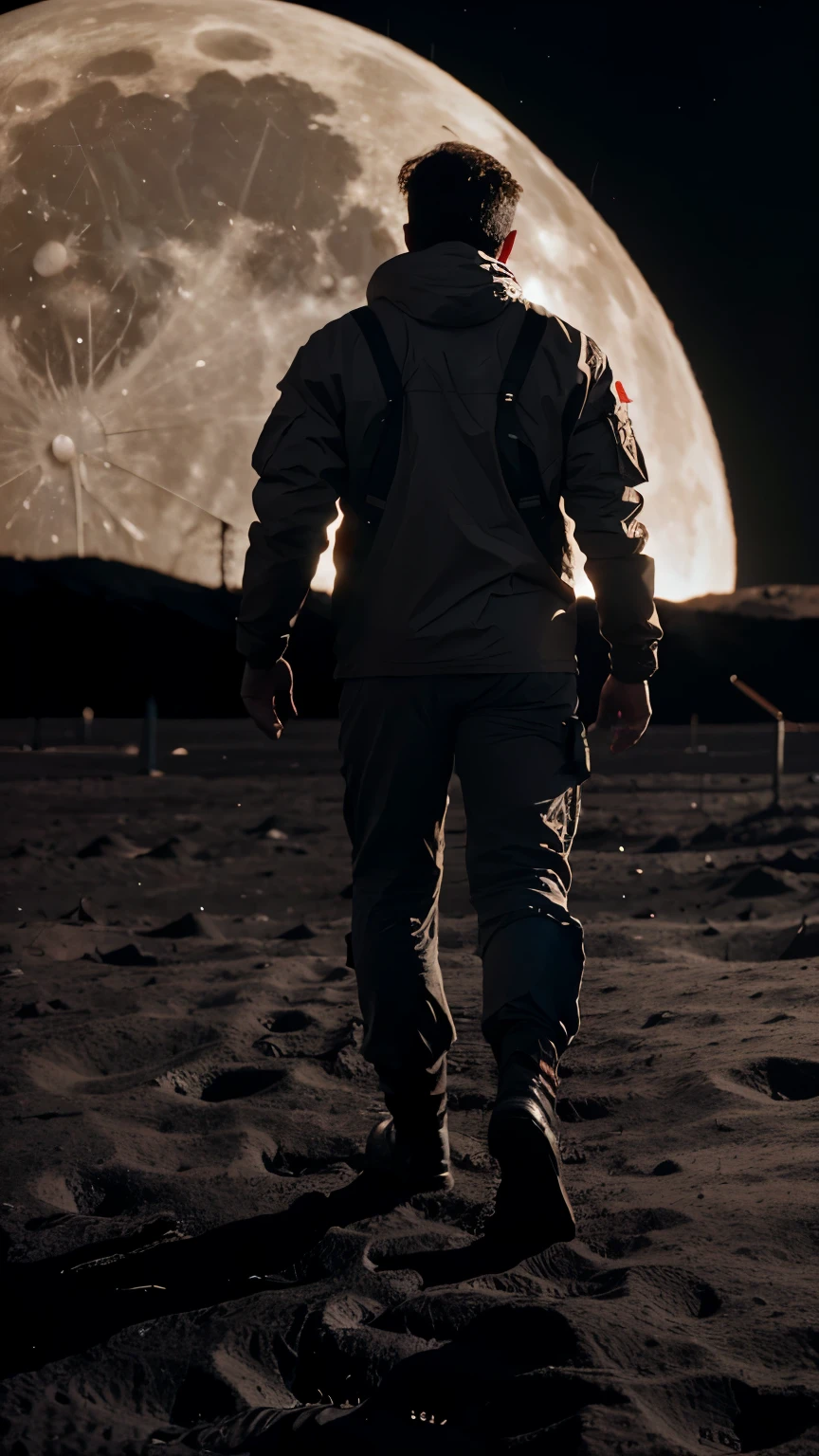 Man walking on Moon to see the heart on background, realistic 4k 16k cinematic