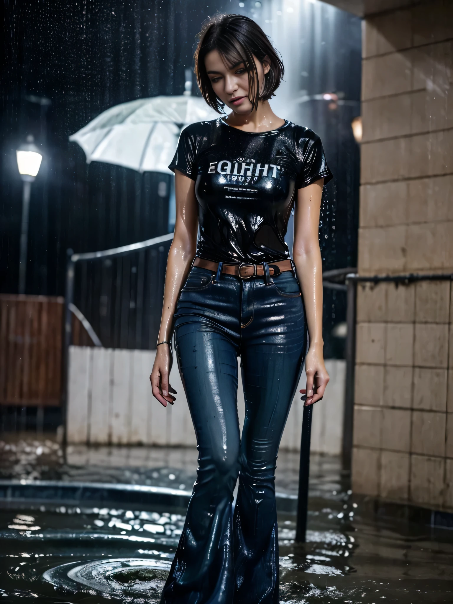 ((rear view)), (Water-soaked clothing:1.17), (Best Quality,high resolution,bokeh:1.2),one woman, Pronounced wrinkles,Bob haircut,Detailed eyes and face,tshirt,(standing:1.0),(gloomy ecstasy:1.1), Posing, standing in a shower SoakingWetClothes, black Dark Marten boots, (show boots), jeans are wrinkled from wetness, (wet hair), standing in the the spray from the shower, water pouring through clothes