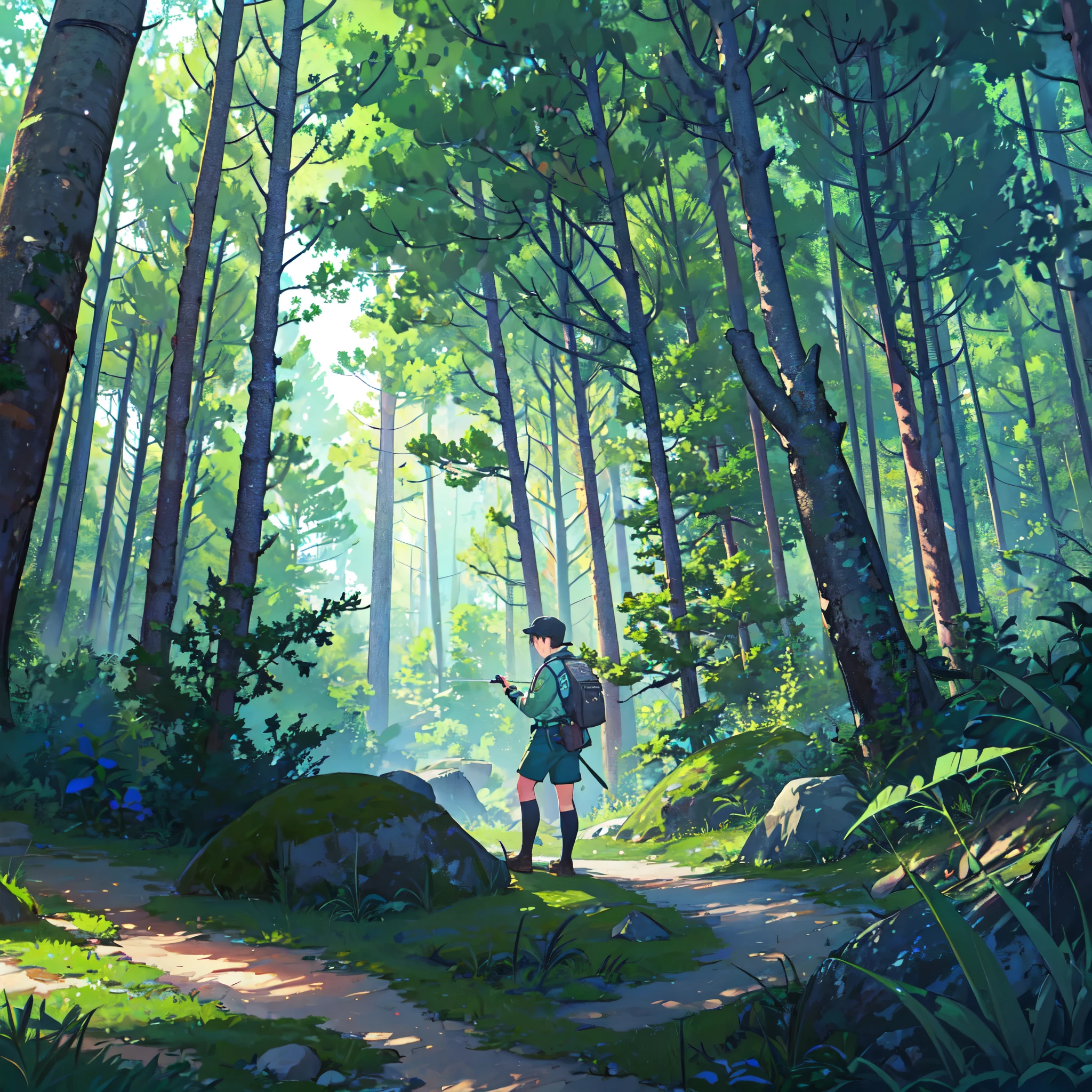A boy scout exploring a dense forest, vibrant nature scenery, adventurous spirit, curious and observant, wearing a scout uniform