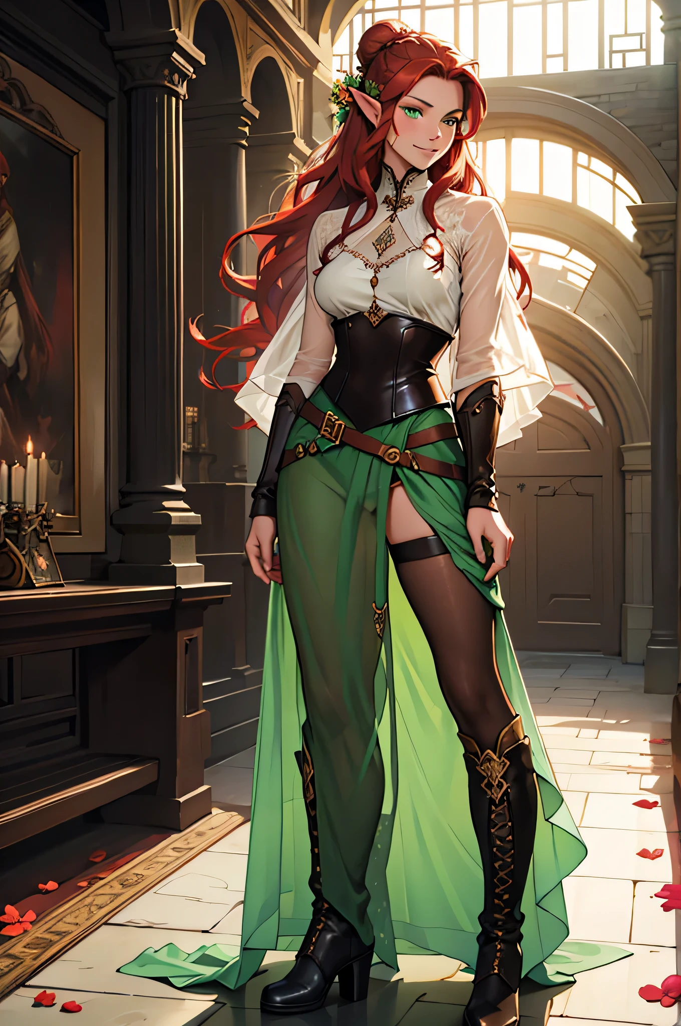 full length image, best quality, elven woman in her late 30's, standing, very long curly flowing auburn red hair half up in a bun with a flower comb in it, round face with blushing cheeks, sharp green eyes, bright smile, modest green clothes, leather armor over her torso like a Corsette, green shorts, sheer see through floor length skirt, pink cloth on legs, brown knee high leather boots with laces, flowers on the ground near her boots, full length head to toe image