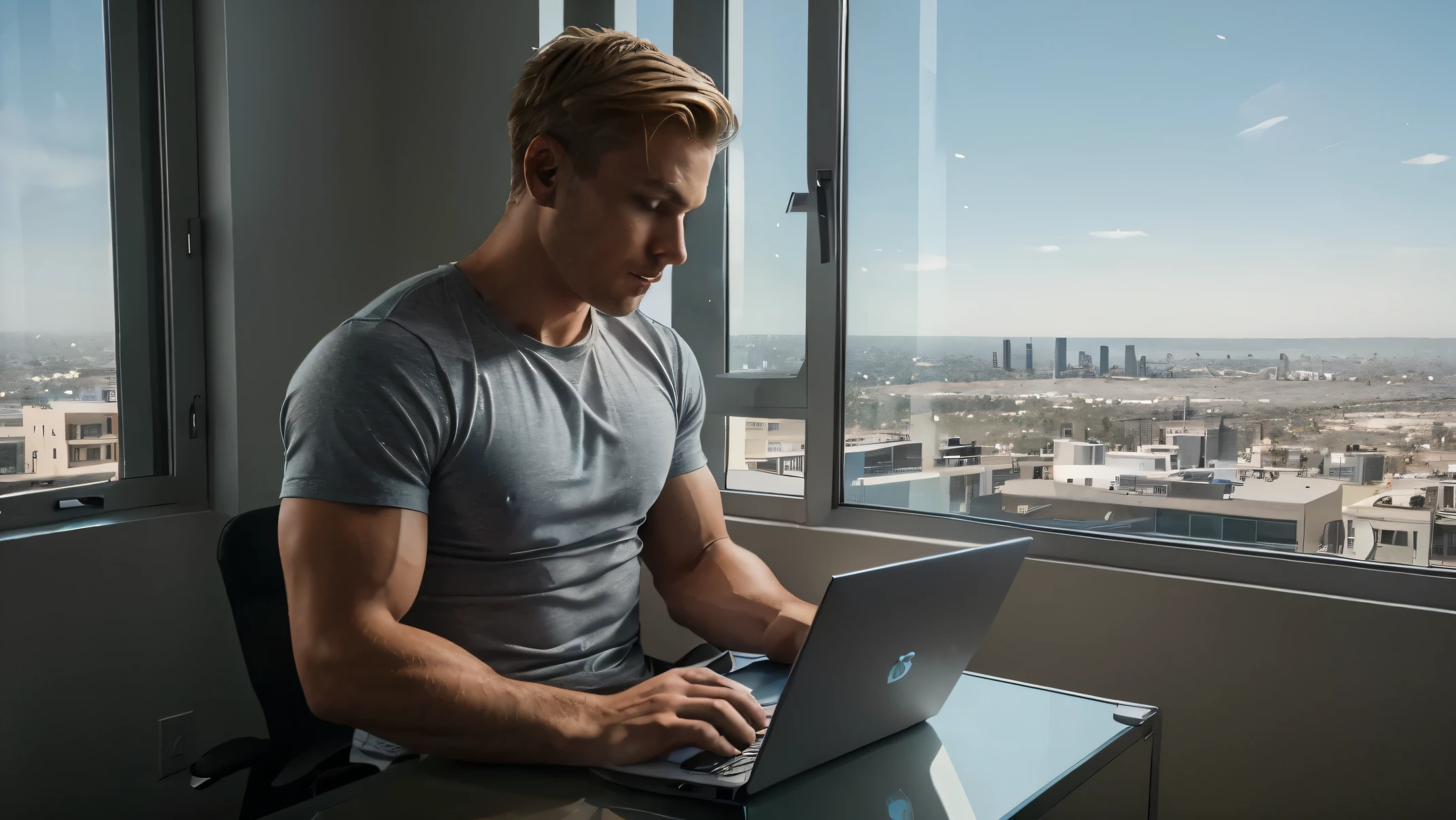 a man working on his laptop sitting next to the window, short blonde hair, muscular body, gray tshirt, view of los angeles out the big window, 8k, masterpiece, best quality, looking at his laptop, typing on his laptop, penthouse, big windows, blue skies