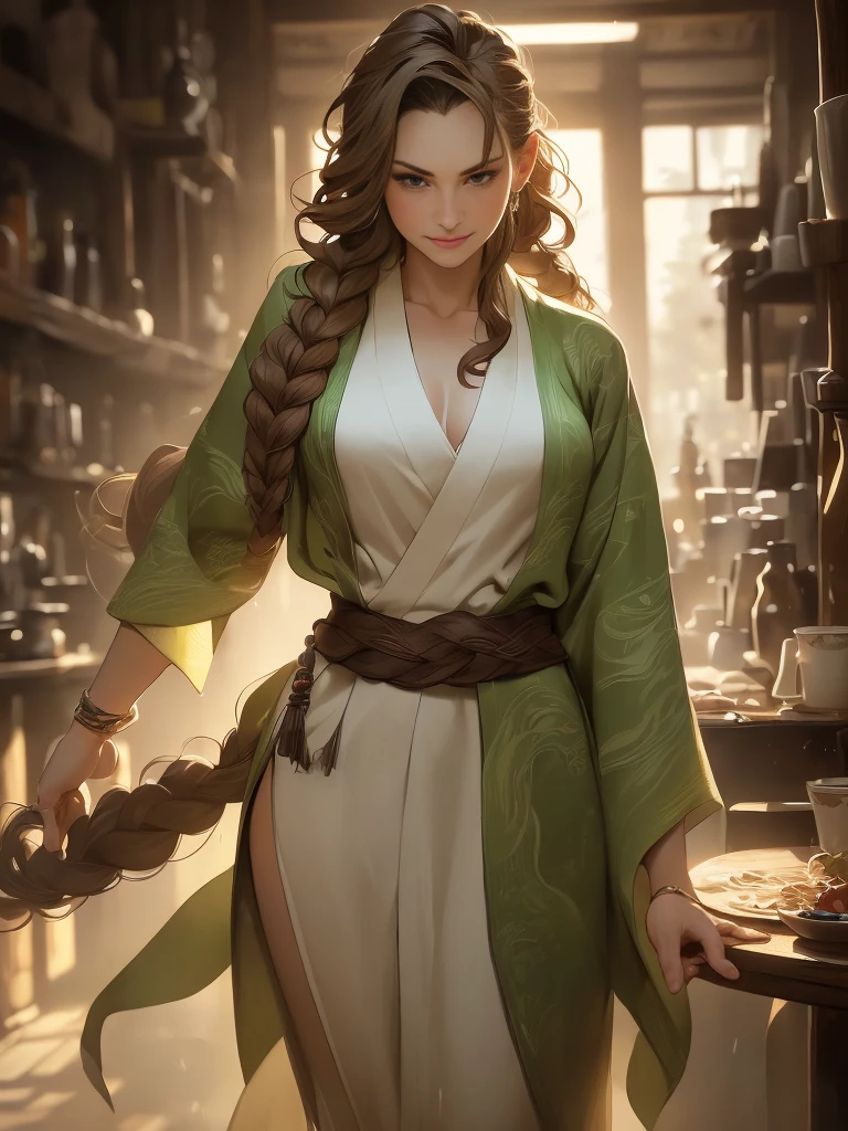 (Caucasian woman, female, short brown hair, hair braided, pale skin, brown eyes, solo portrait, natural breasts) green kimono, green flowing kimono, green clothing, full body, smiling, looking at viewer, standing inside, good lighting, daytime, inside tavern, best quality)), art by greg rutkowski