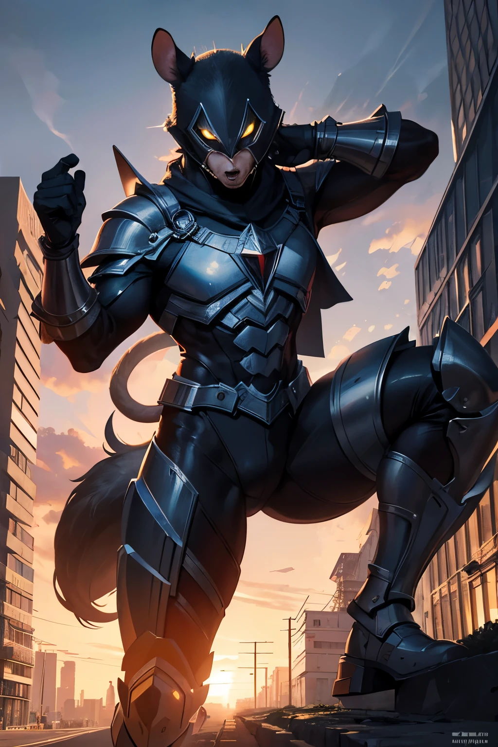 (best quality,4k,8k,highres,masterpiece:1.2),ultra-detailed,(realistic,photorealistic,photo-realistic:1.37),HDR,UHD,studio lighting,ultra-fine painting,sharp focus,physically-based rendering,extreme detail description,professional,vivid colors,bokeh,portraits A super hero named Rat Man, wearing a goofy rat costume, is the main focus of the artwork. Rat Man is a quirky and unconventional hero with unique rat-like features. His eyes are as mischievous as a rat's, with a twinkle of determination. His nose is small and twitchy, resembling a rat's snout, while his lips are thin and expressive, ready to deliver clever one-liners. The artwork showcases Rat Man in a dynamic and action-packed pose, capturing his energy and enthusiasm. The Rat Man costume is made of a shiny, silver material, resembling metal armor. It fits Rat Man snugly, accentuating his muscular physique and giving him a sleek and powerful appearance. The costume is adorned with rat-themed details, such as a tail-like cape and rat ears on the helmet. The artwork highlights the texture and shine of the costume, making it appear realistic and high-quality. The artwork has a detailed and vibrant background, depicting a bustling cityscape at sunset. The buildings are tall and modern, with a futuristic aesthetic. The city streets are filled with people going about their daily lives, unaware of the heroic adventures happening above. The artwork captures the energy and vibrancy of the city, with bright and vivid colors, emphasizing the contrast between Rat Man and his environment. The overall lighting in the artwork is dramatic and focused. The spotlight shines directly on Rat Man, highlighting his heroic stature and creating a sense of intensity. The shadows are deep and dynamic, enhancing the heroic atmosphere of the scene. The lighting adds depth and dimension to the artwork, accentuating the details and bringing the entire composition to life. The artwork is created in a realistic and photorealistic style, wit