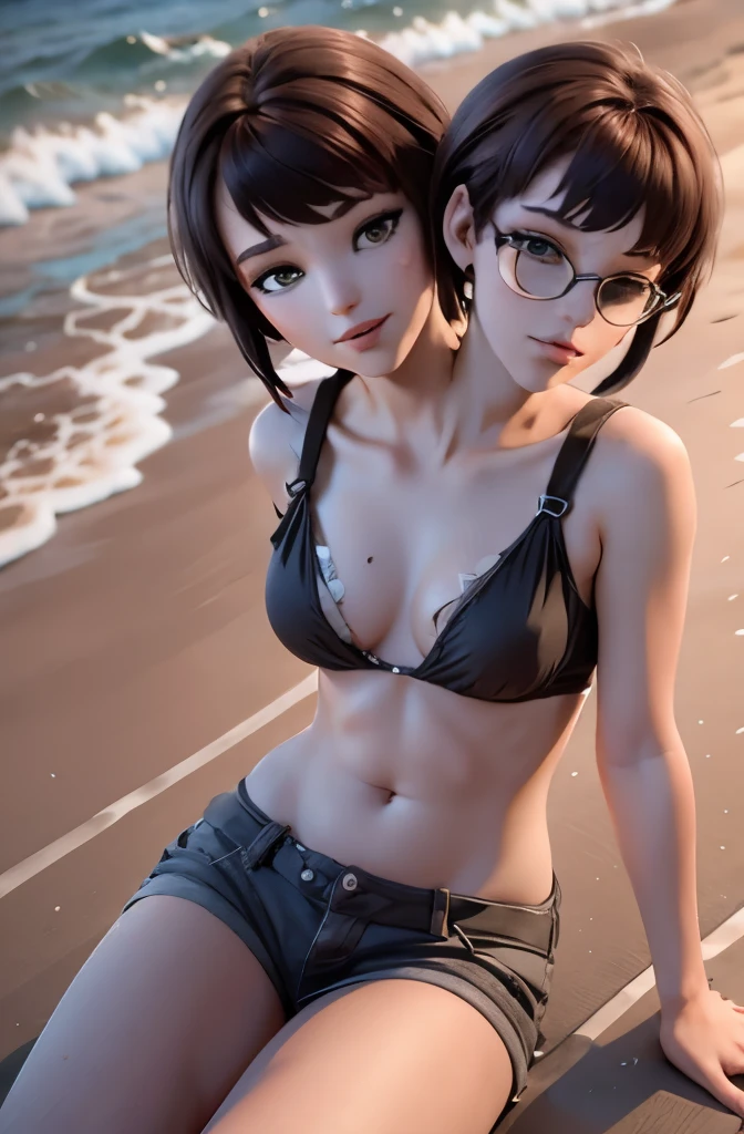  8k,highres, 1girl, (two_heads:0.9), at a beach, looking at the viewer, wearing a bikini top and shorts, short hair, sunglasses on top of head