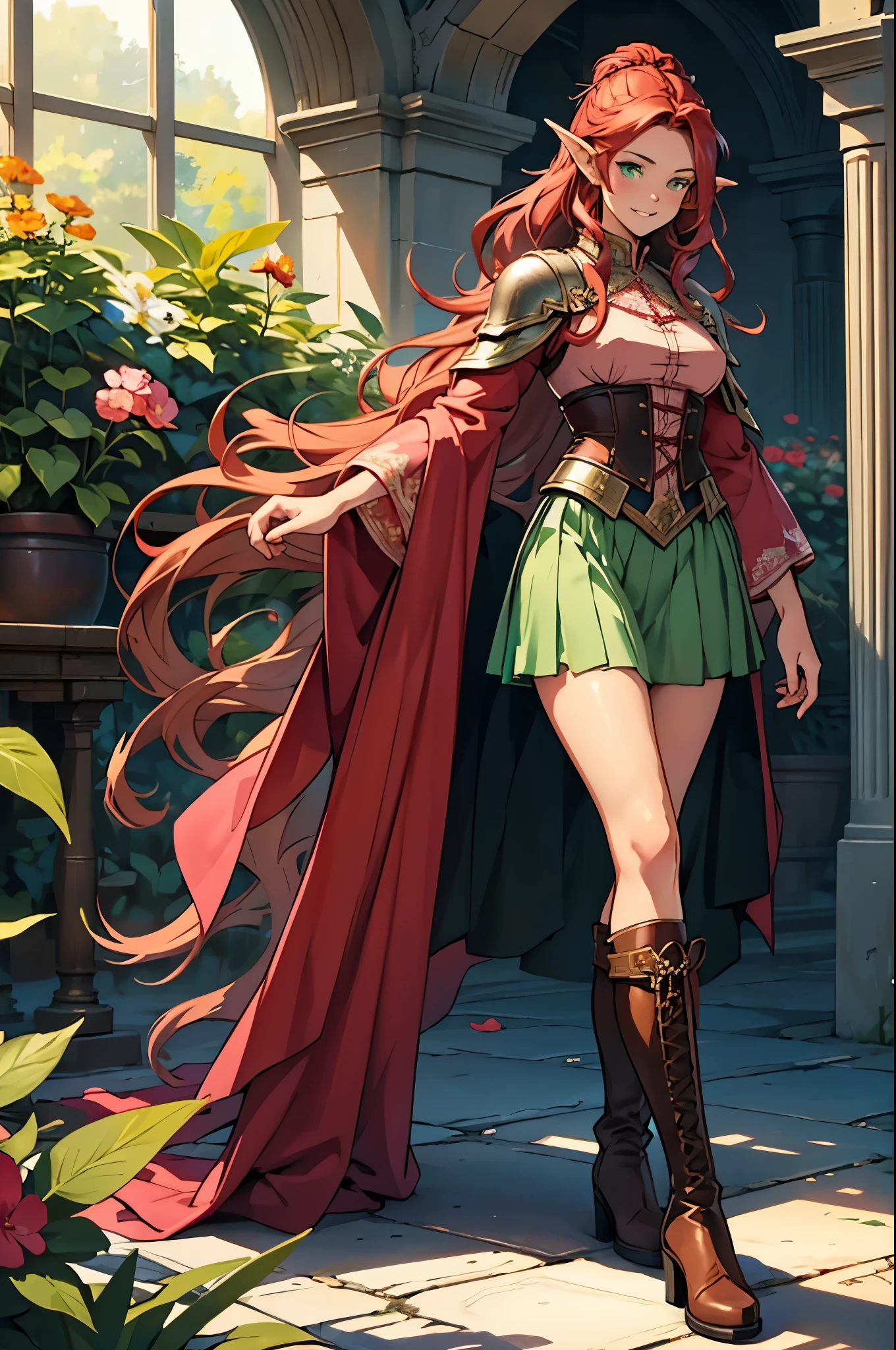 full length image, best quality, elven woman in her late 30's, standing, very long curly flowing auburn red hair half up in a bun with a flower comb in it, round face with blushing cheeks, happy green eyes, bright smile, modest green clothes, leather armor over her torso like a Corsette, green shorts, sheer see through floor length skirt, pink cloth on legs, brown knee high leather boots with laces, flowers on the ground near her boots, full length head to toe image
