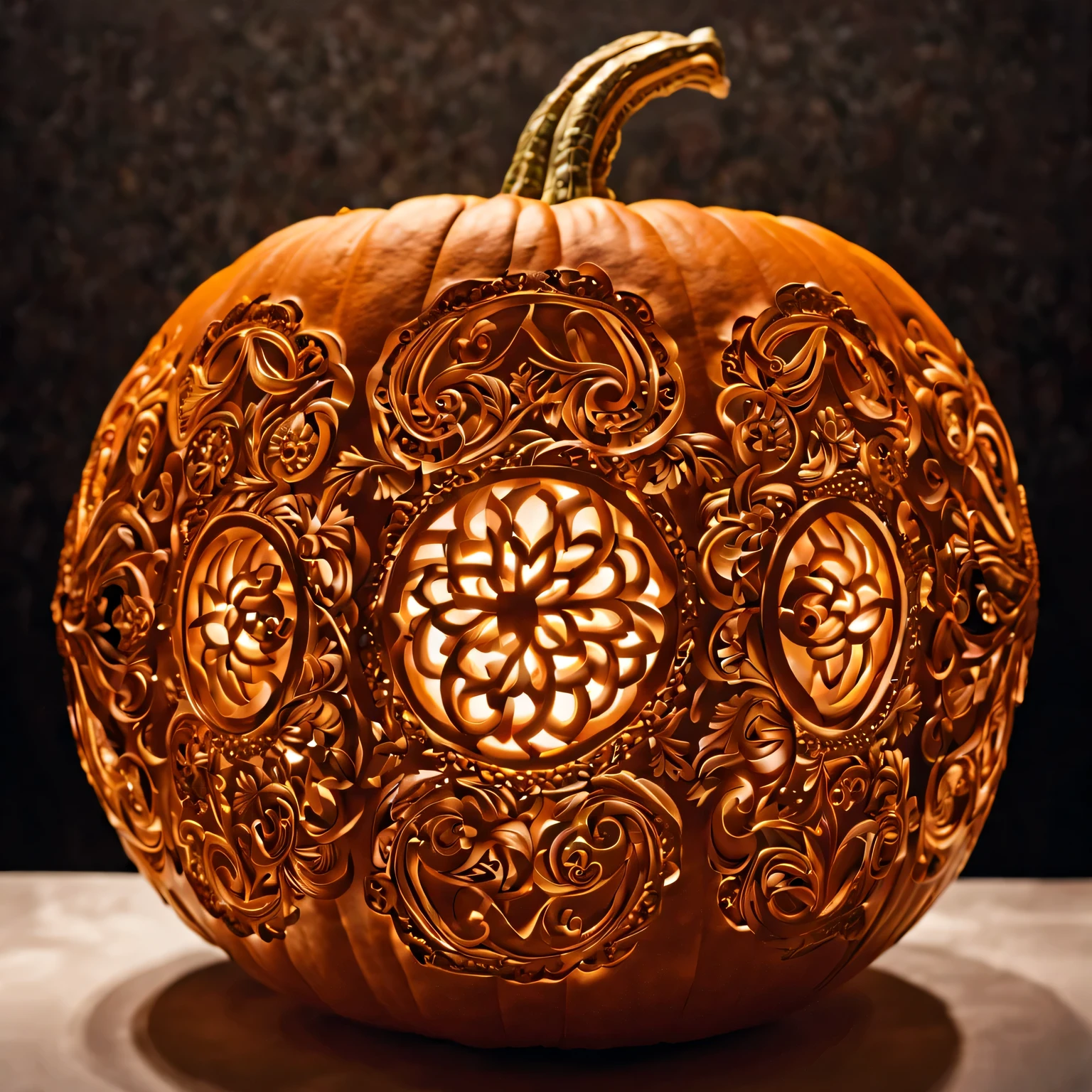 The Art of Pumpkin Carving, elegant openwork basket with magic fruits, carved from pumpkin, complex intricate details, a variety of smooth interweaving lines and details, World Pumpkin Carving Competition Winner, hyper-detailed, soft lighting, hyperrealistic