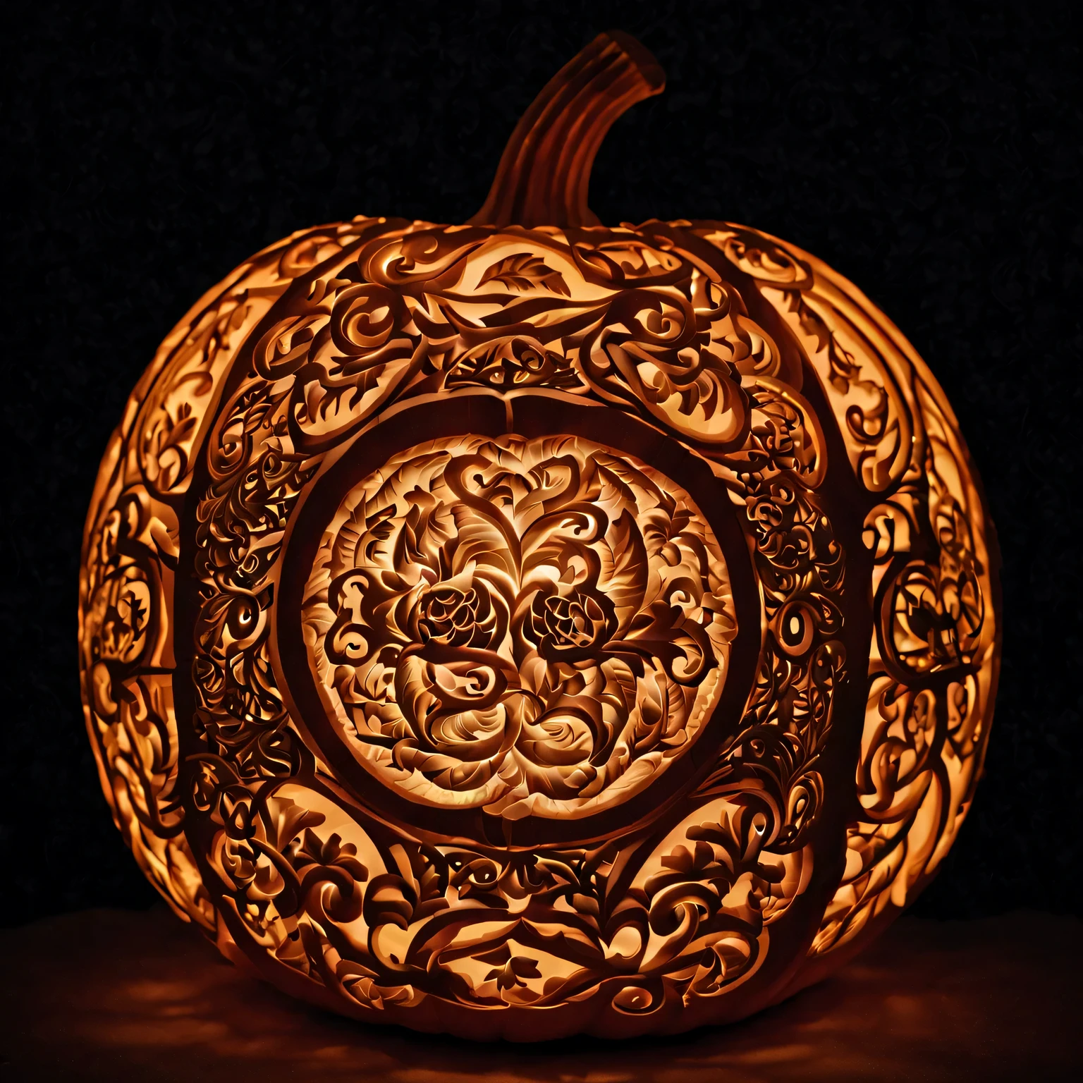 The Art of Pumpkin Carving, elegant openwork basket with magic fruits, carved from pumpkin, complex intricate details, a variety of smooth interweaving lines and details, World Pumpkin Carving Competition Winner, hyper-detailed, soft lighting, hyperrealistic