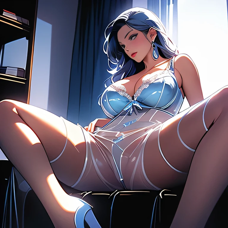 tmasterpiece， highest quality， A high resolution， 独奏， huge breasts， photorealestic：1.4 Official art，ultra - detailed，Beautiful and beautiful，big breasts beautiful，Silver-blue hair，Sitting down，spread their legs，hand behind head， （big breasts exposed cleavage）， (Lingerie transparent:1.3), Jump out of the window， from below， Both thighs are exaggerated，， Beds， heavy breath， sexual expressio， Wet all over，Breasts that are about to spill out of panties，Erect nipple tips，protruding areolas， spread their legs，Panties disappear，Pubic hair clearly visible，(Lingerie transparent, Breasts and vaginal lips can be seen:1.5),(Having ),(Sexual penetration in progress)