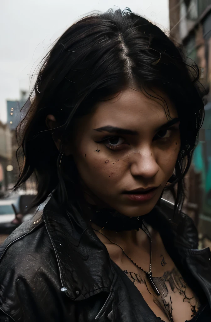 Faceclaim, up close face shot, Young woman with black hair wearing baggy clothing in a grungy setting in New York City. (best quality, highres:1.2), grungy atmosphere, urban decay, gritty details, young adult vibes, edgy fashion, thug aesthetic, dimly lit environment, off-putting ambiance, New York City street style, raw and authentic, urban exploration, gritty textures, moody lighting, dark alleys, dilapidated buildings, vibrant graffiti, dingy streets, unconventional beauty, rebellious spirit, bold confidence, urban grit, street fashion, cityscape backdrop