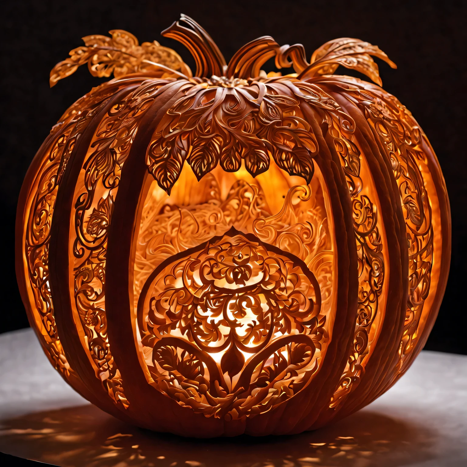 The Art of Pumpkin Carving, elegant openwork basket with magic fruits, carved from pumpkin, complex intricate details, a variety of smooth interweaving lines and details, World Pumpkin Carving Competition Winner, hyper-detailed, soft lighting, hyperrealistic