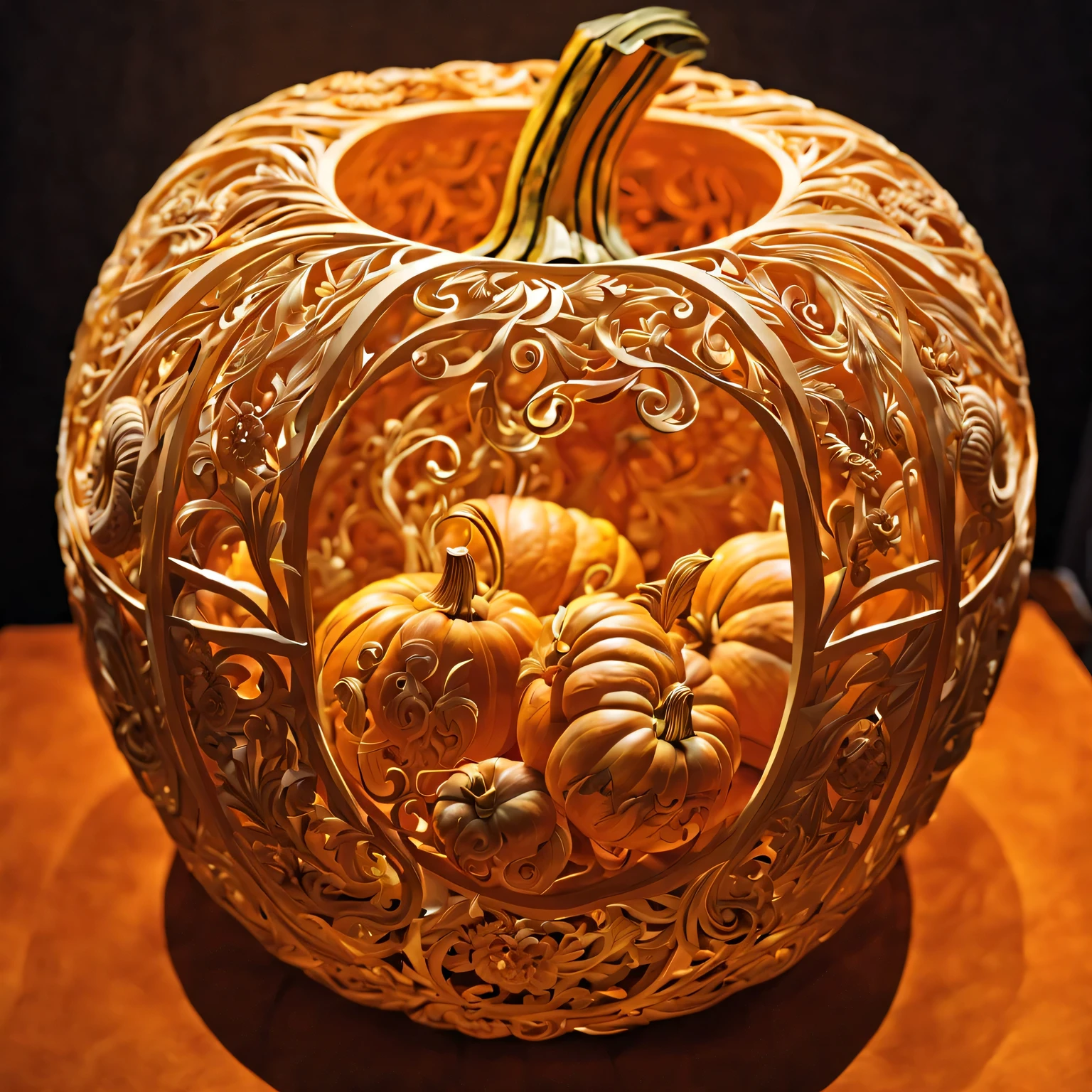 The Art of Pumpkin Carving, elegant openwork basket with magic fruits, carved from pumpkin, complex intricate details, a variety of smooth interweaving lines and details, World Pumpkin Carving Competition Winner, hyper-detailed, soft lighting, hyperrealistic