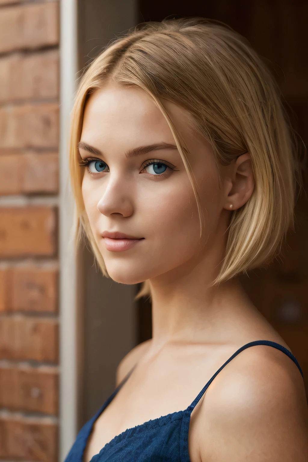 1girl, young, ((full body photo)), blond hair, short hair, dark blue eyes, (detailed face), (((side of face)))