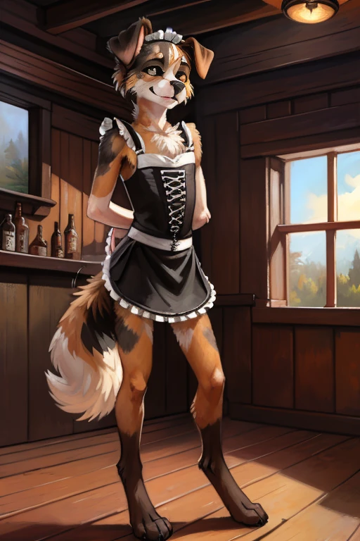 solo, ((Australian shepard)), male, slender, ((twink)), detailed, uploaded to e621, beautiful and detailed portrait of an anthropomorphic boy, short hair, kenket, uploaded to e621, digitigrade legs, very fluffy detailed fur, ((quivering motion lines)), fluffy tail, (detailed very thick black eye liner), visible breath, ribs and hip bones, (detailed girls maid outfit), western saloon,